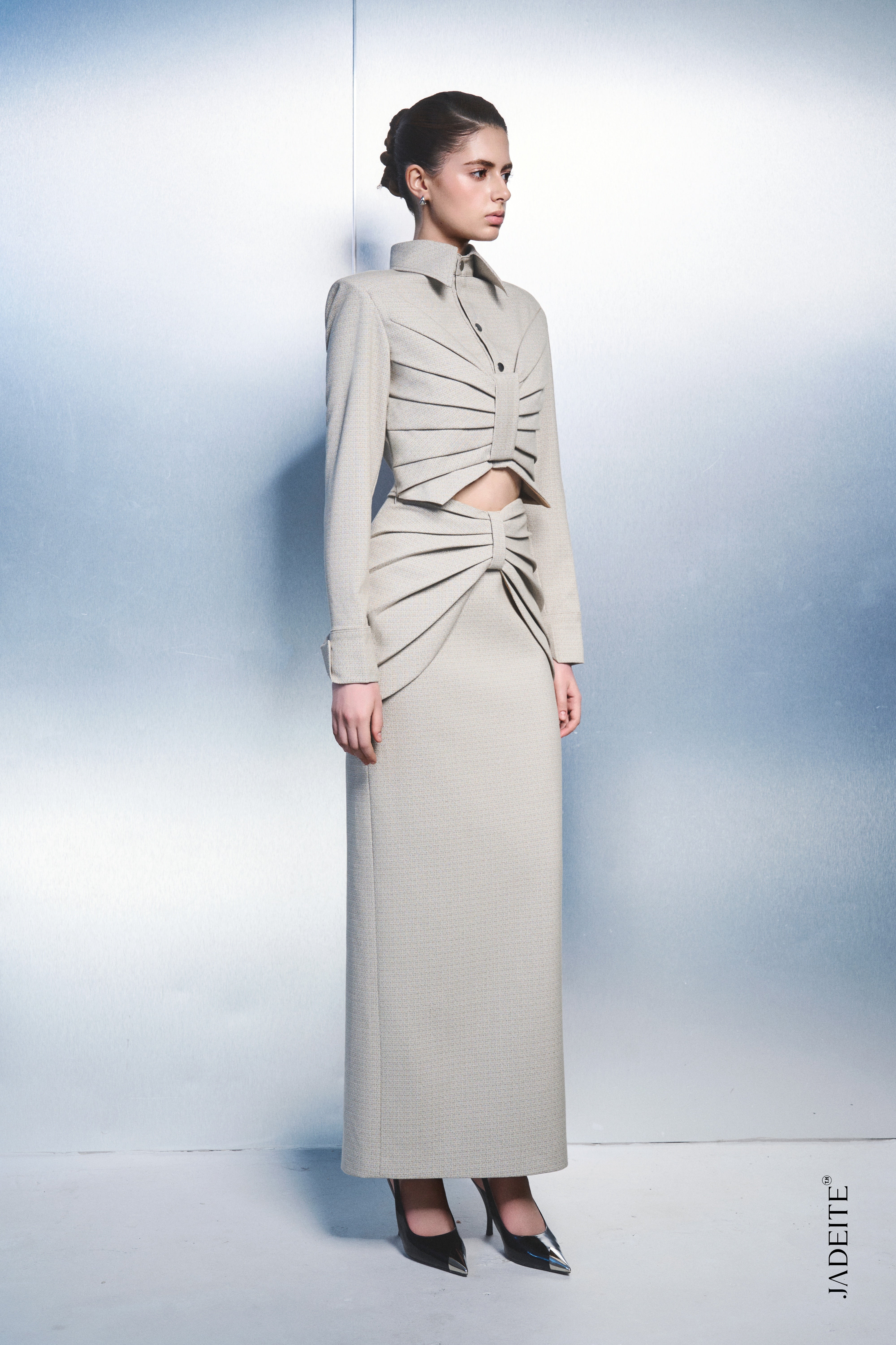 4. Architectural Pleated Crop Shirt & Maxi Skirt Set – Stone Beige
