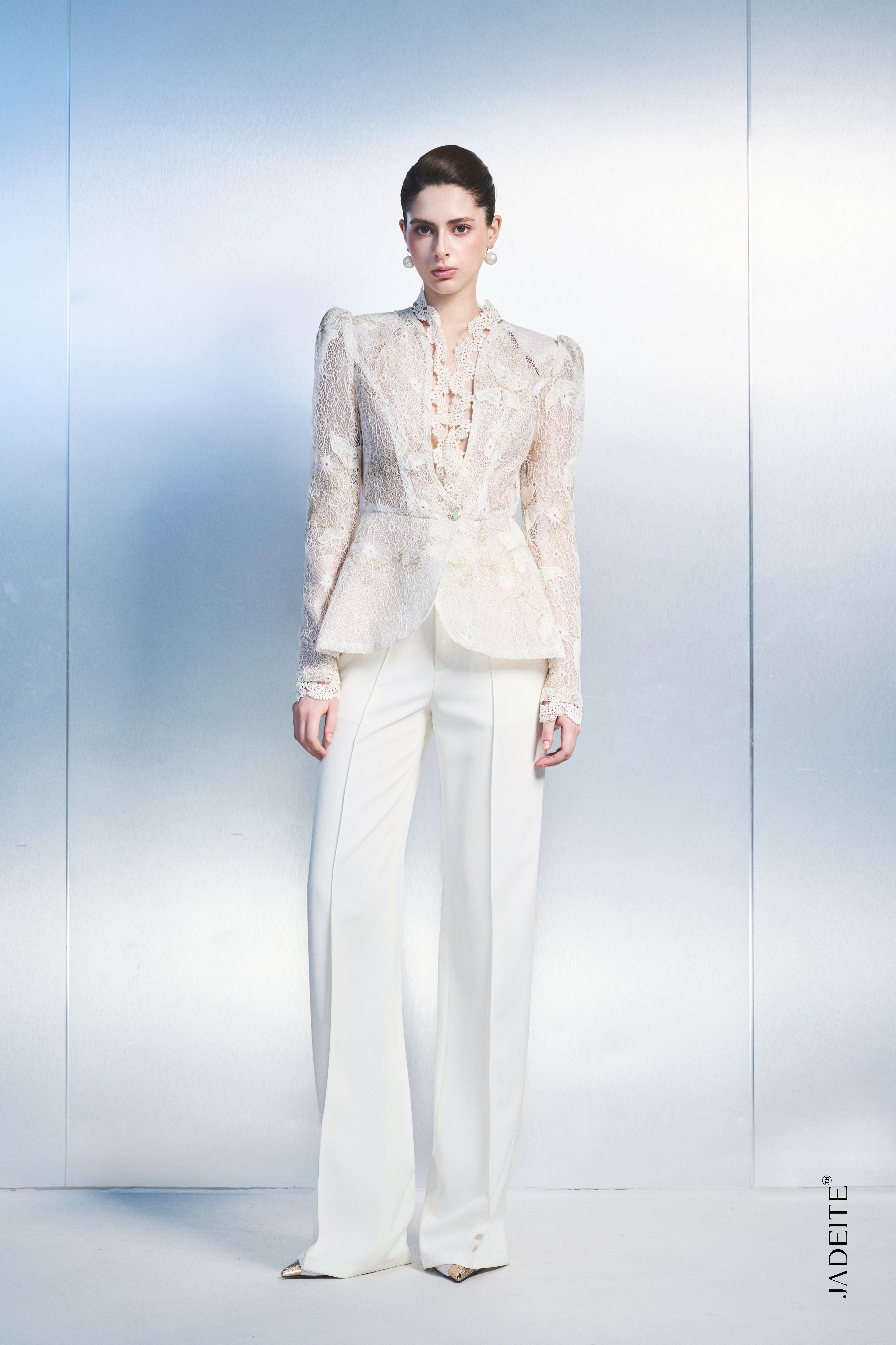 1. Women's White Lace Blazer – Elegant Long Sleeve Peplum Jacket