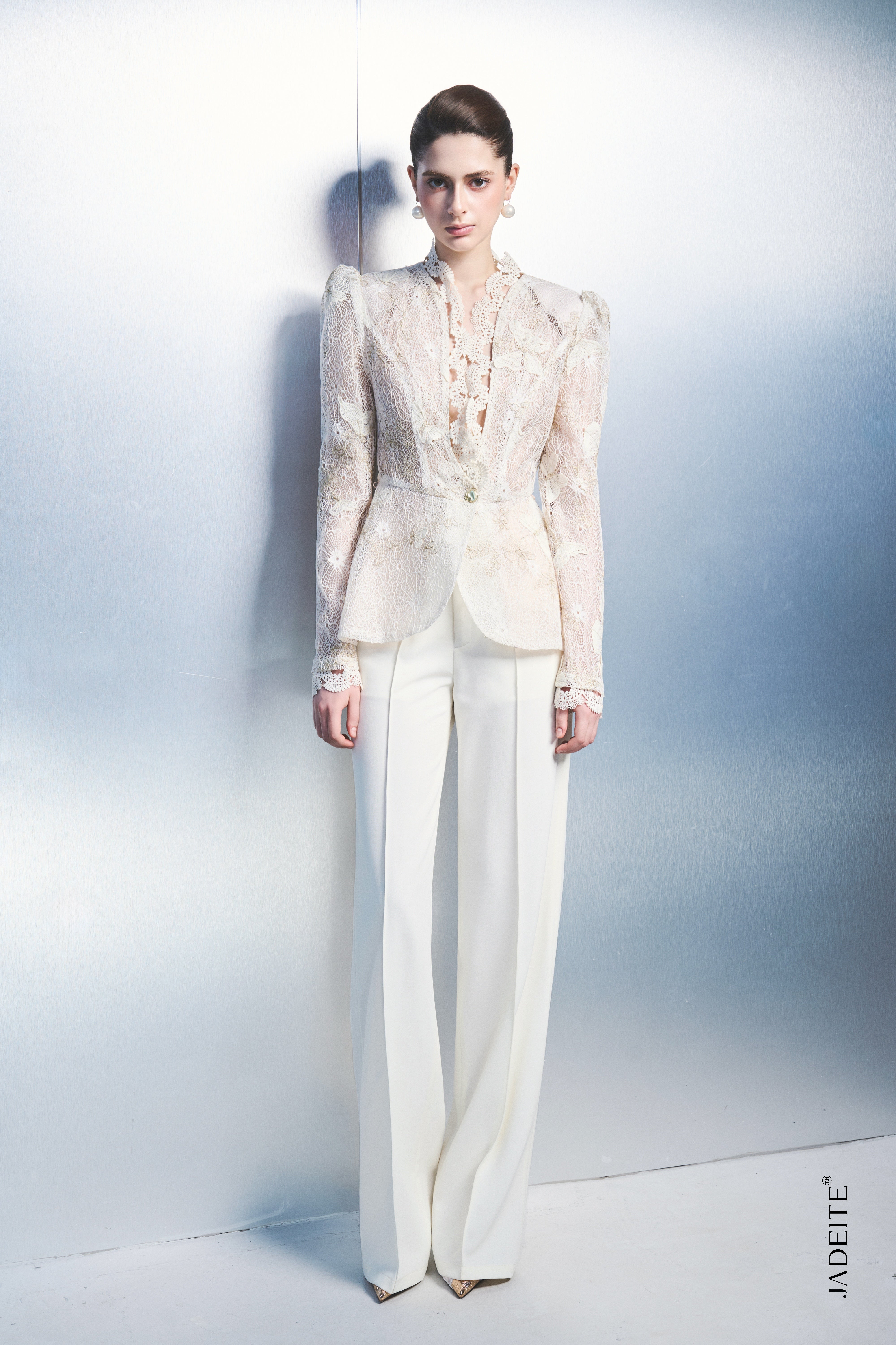 1. Women's White Lace Blazer – Elegant Long Sleeve Peplum Jacket