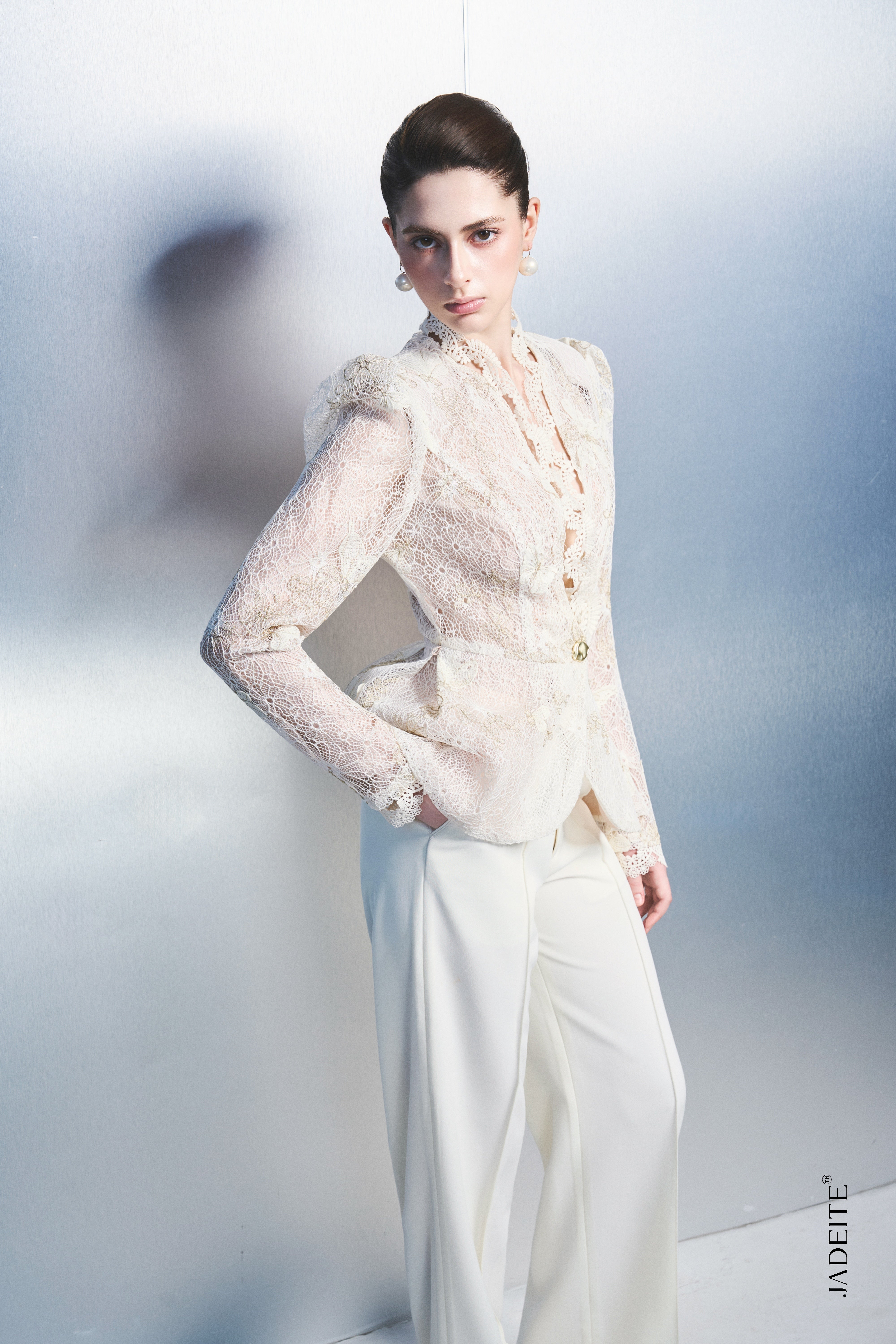 1. Women's White Lace Blazer – Elegant Long Sleeve Peplum Jacket
