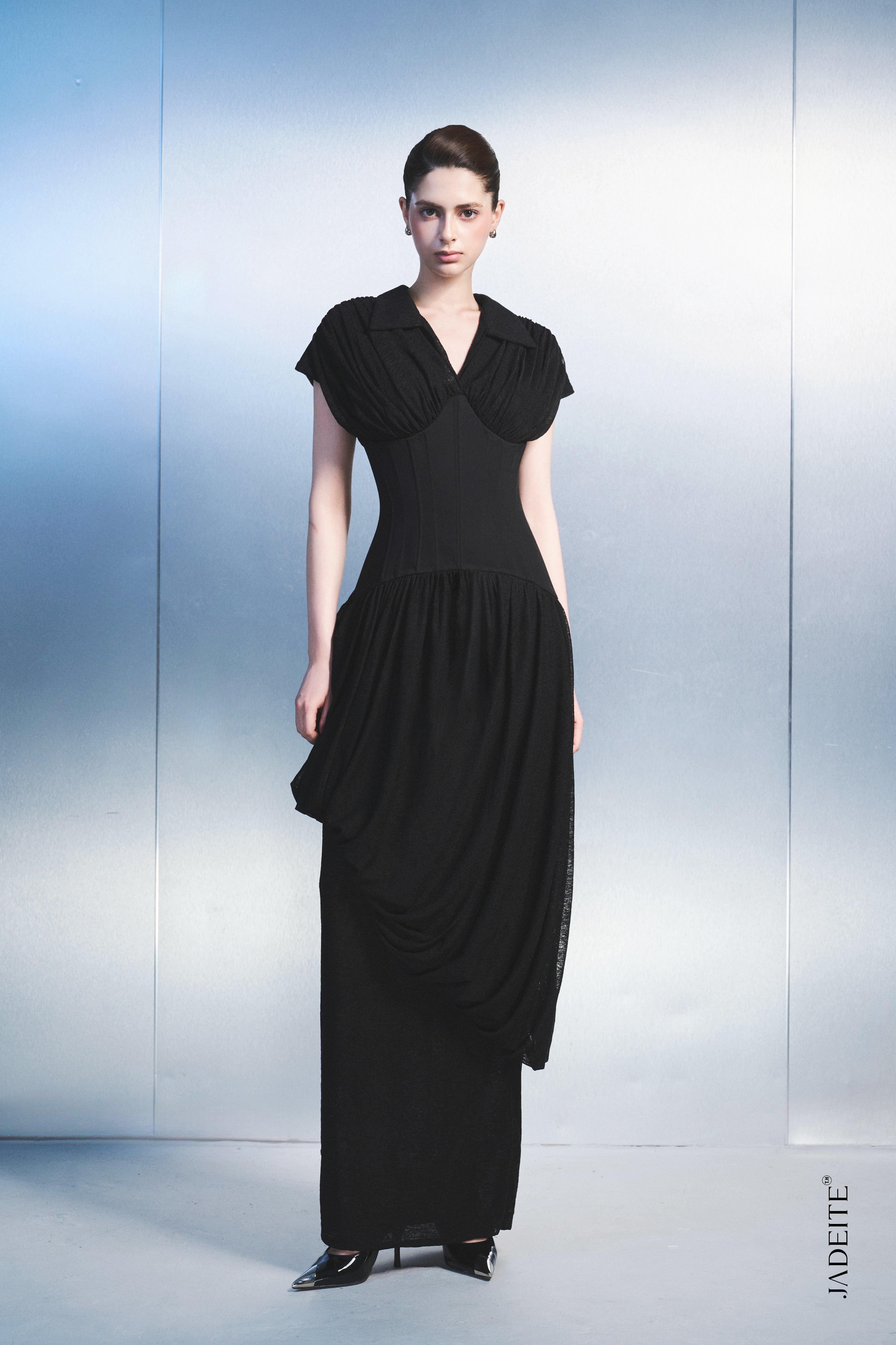 Black Draped Maxi Dress – Women's Formal Evening Gown – Jadeiteth