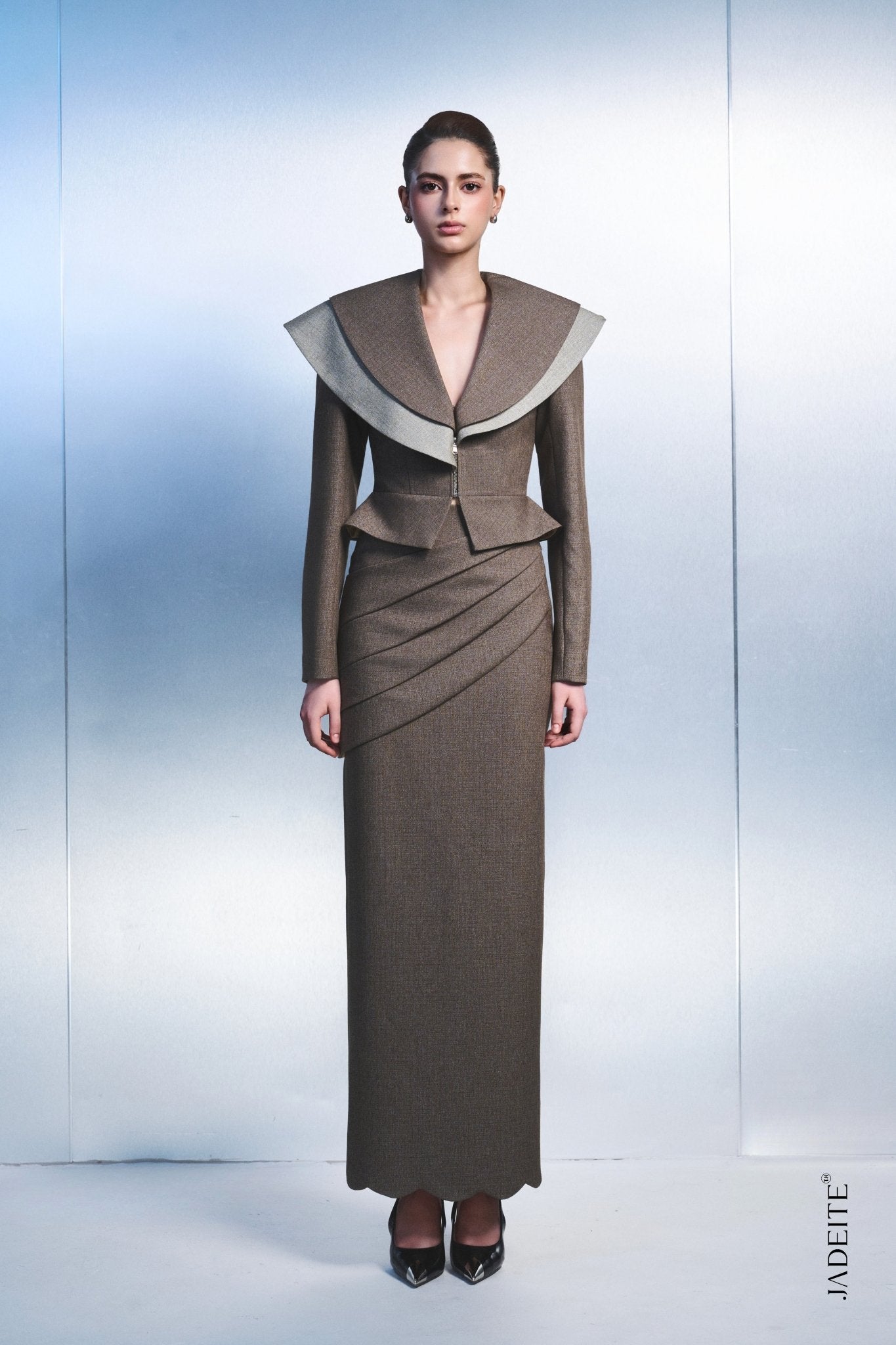 2. Elegant Peplum Jacket & Draped Maxi Skirt Set – Brown Women's Suit - Jadeiteth
