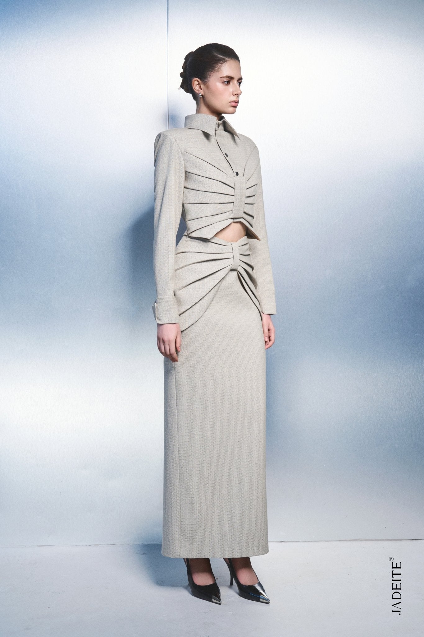 4. Architectural Pleated Crop Shirt & Maxi Skirt Set – Stone Beige - Jadeiteth
