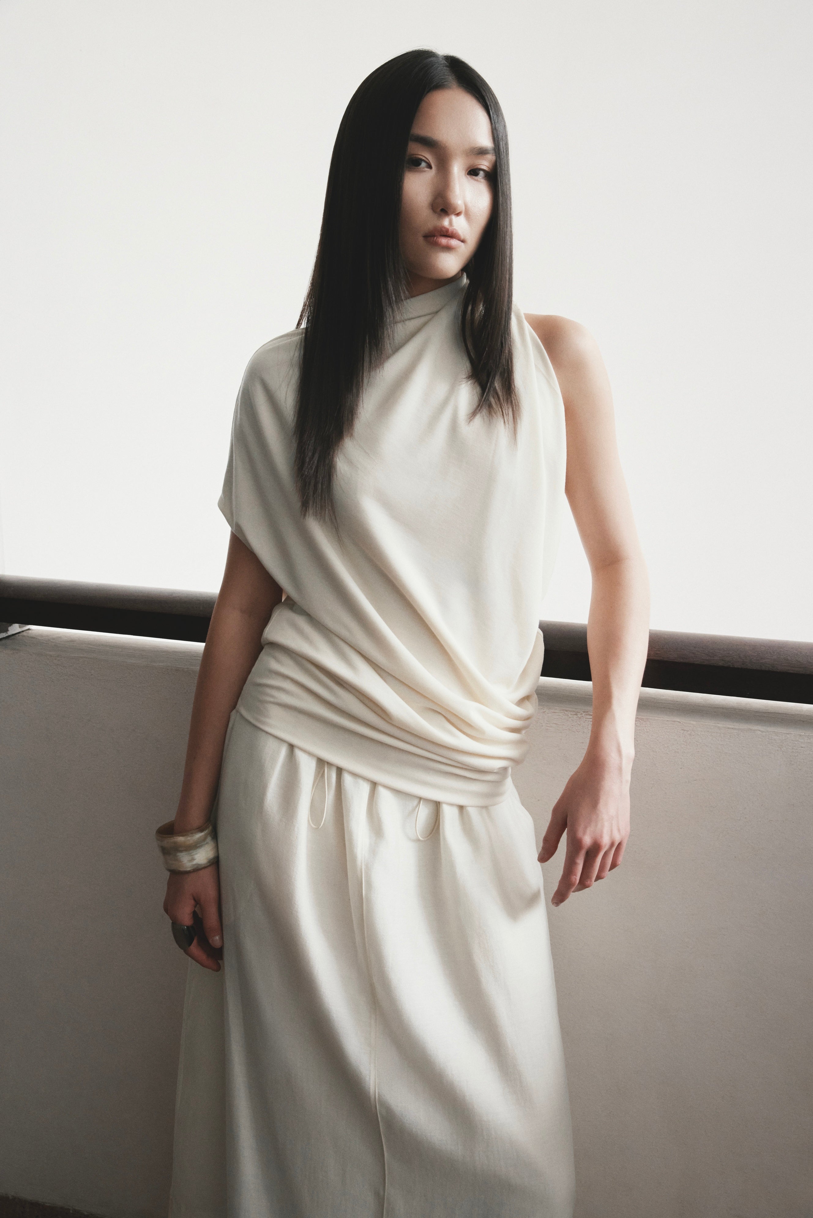 Asymmetric Draped Top x Linen Long Skirt