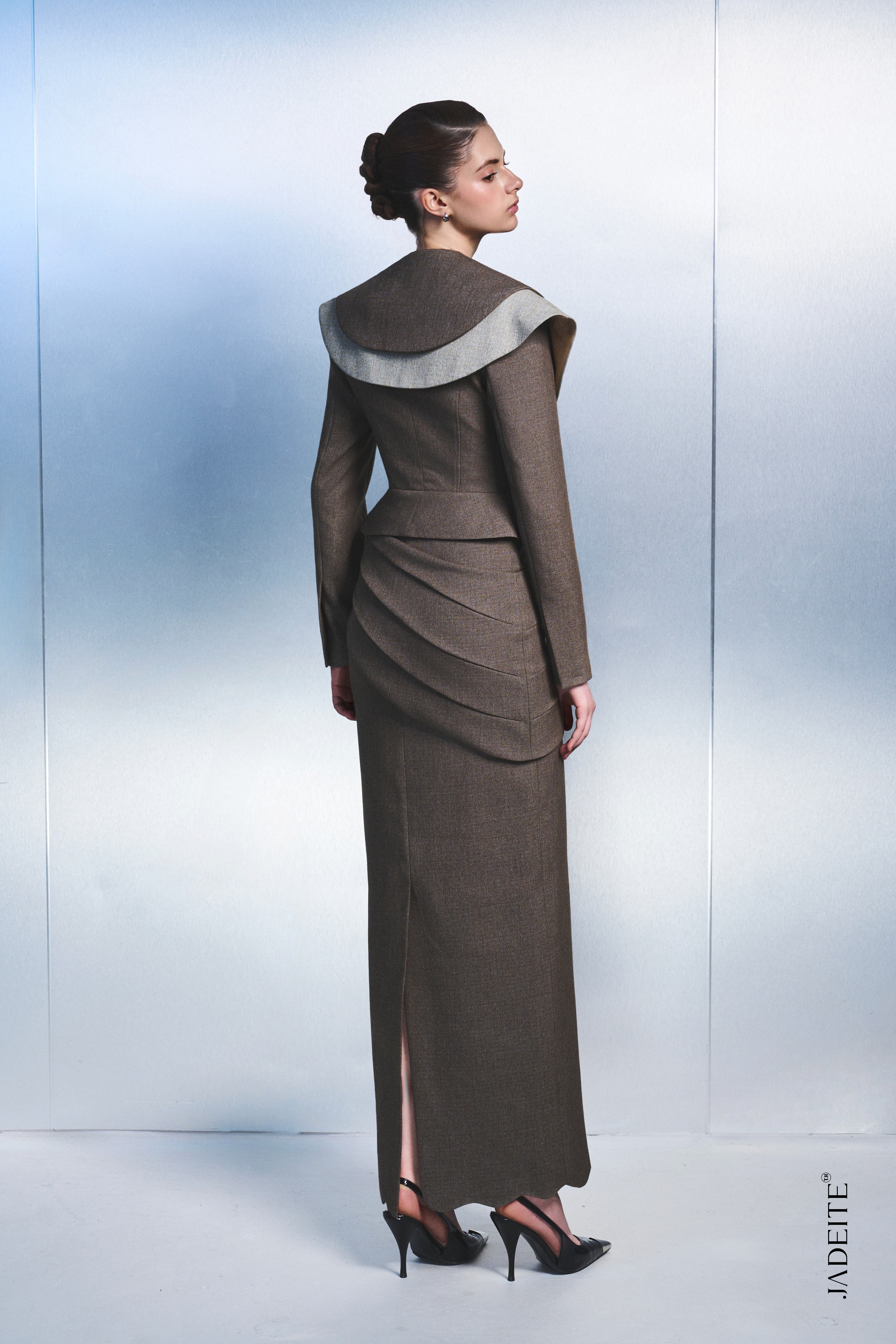 2. Elegant Peplum Jacket & Draped Maxi Skirt Set – Brown Women's Suit