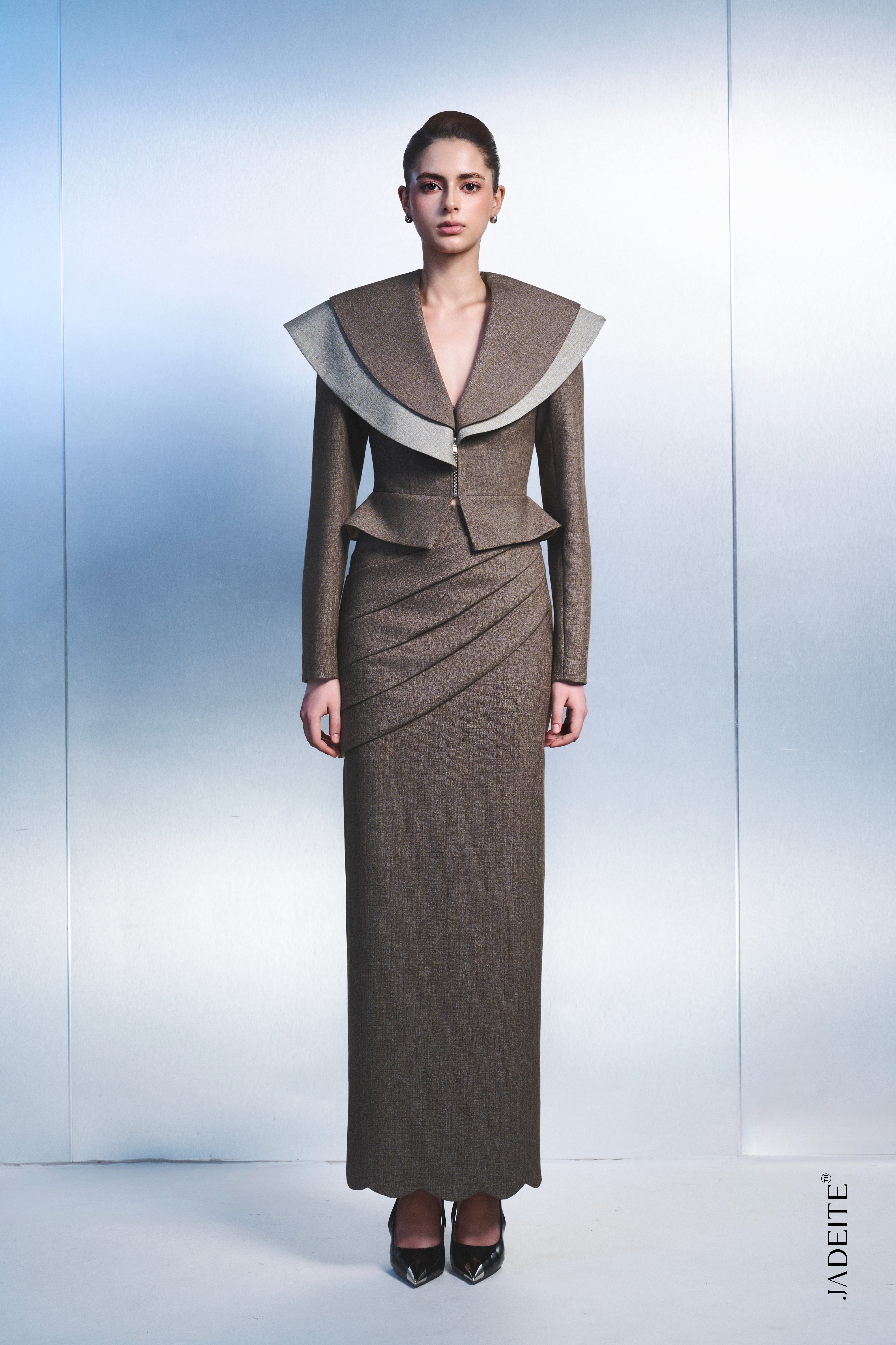 2. Elegant Peplum Jacket & Draped Maxi Skirt Set – Brown Women's Suit
