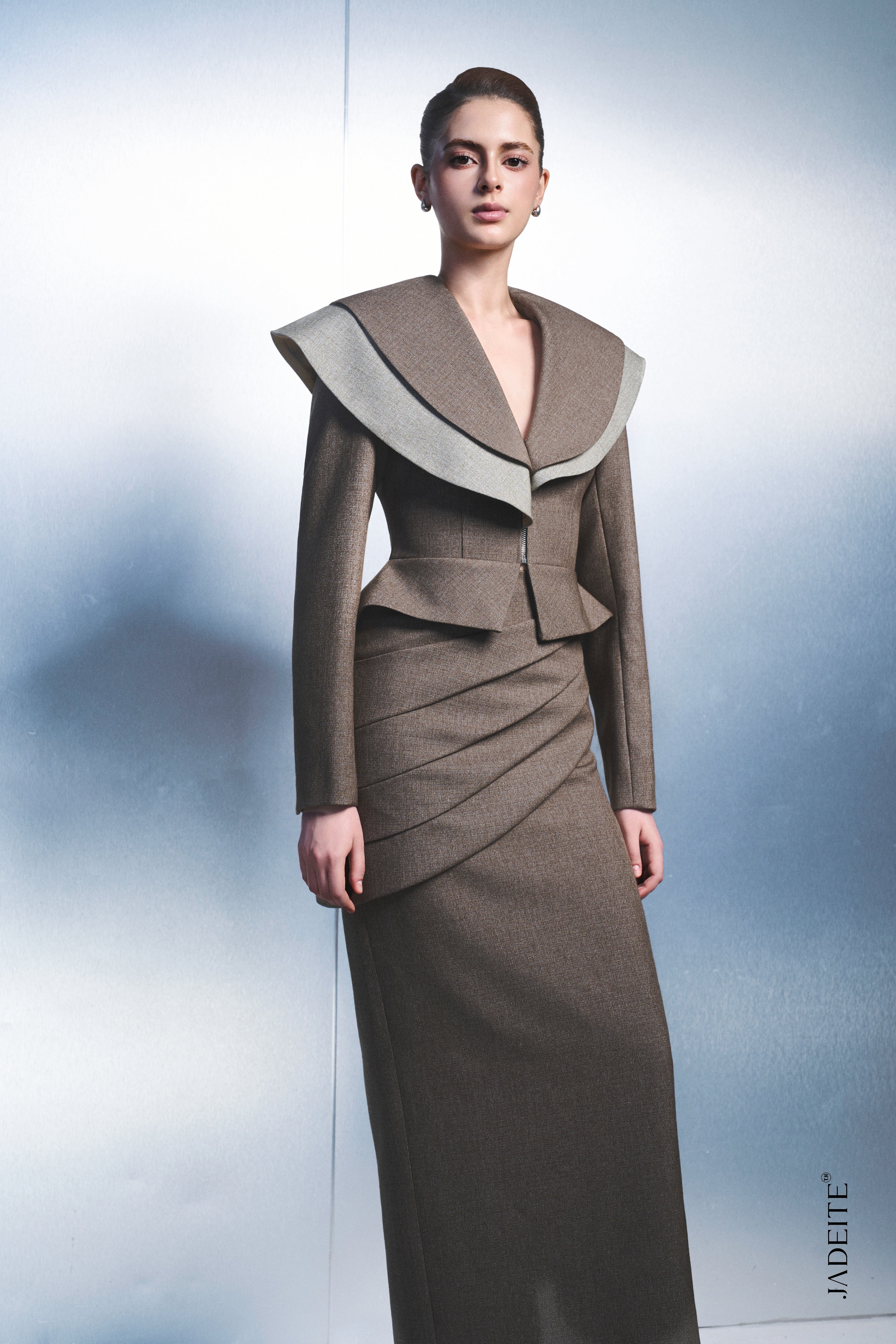 2. Elegant Peplum Jacket & Draped Maxi Skirt Set – Brown Women's Suit