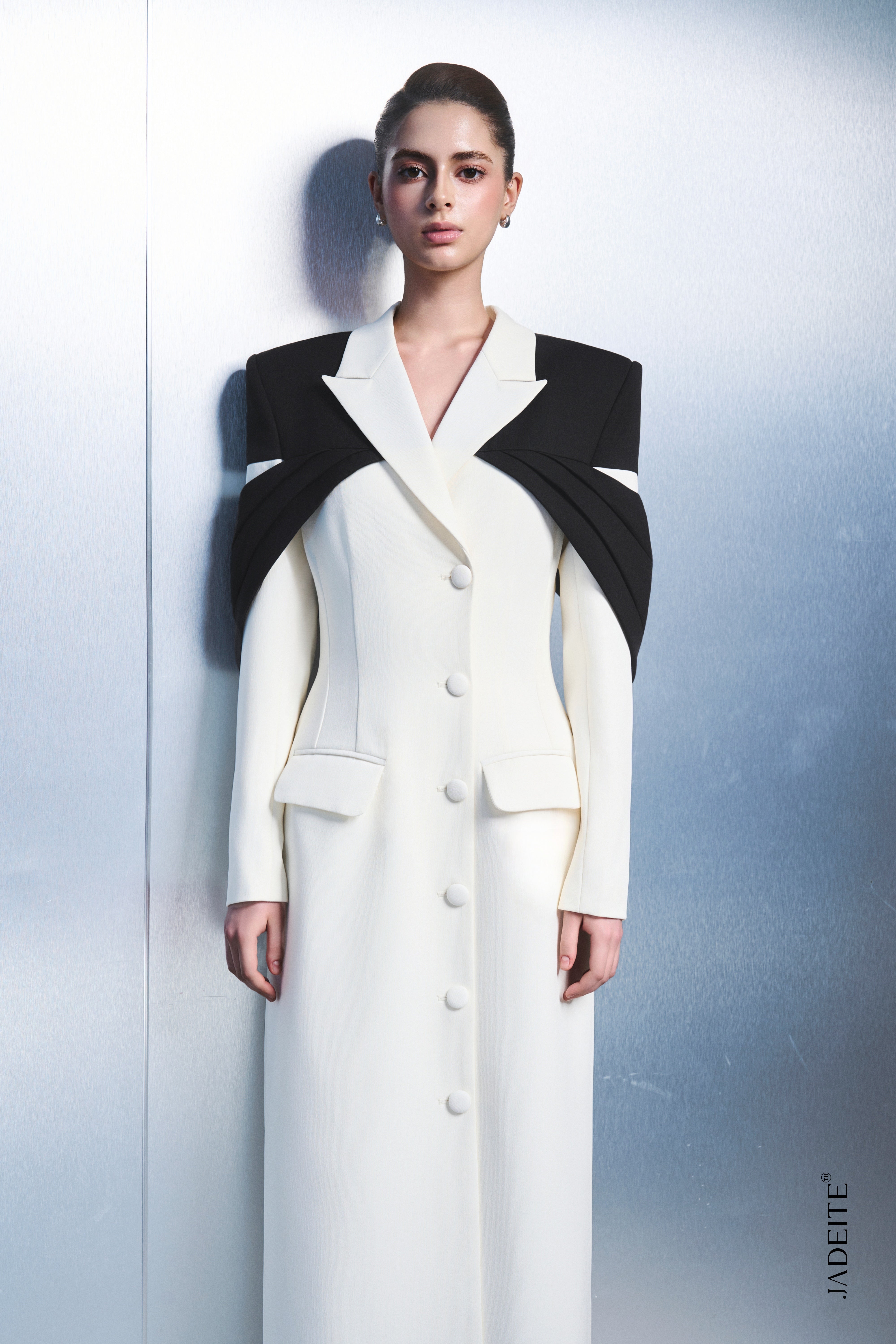 3. Elegant Long Blazer Dress with Statement Cape Detail