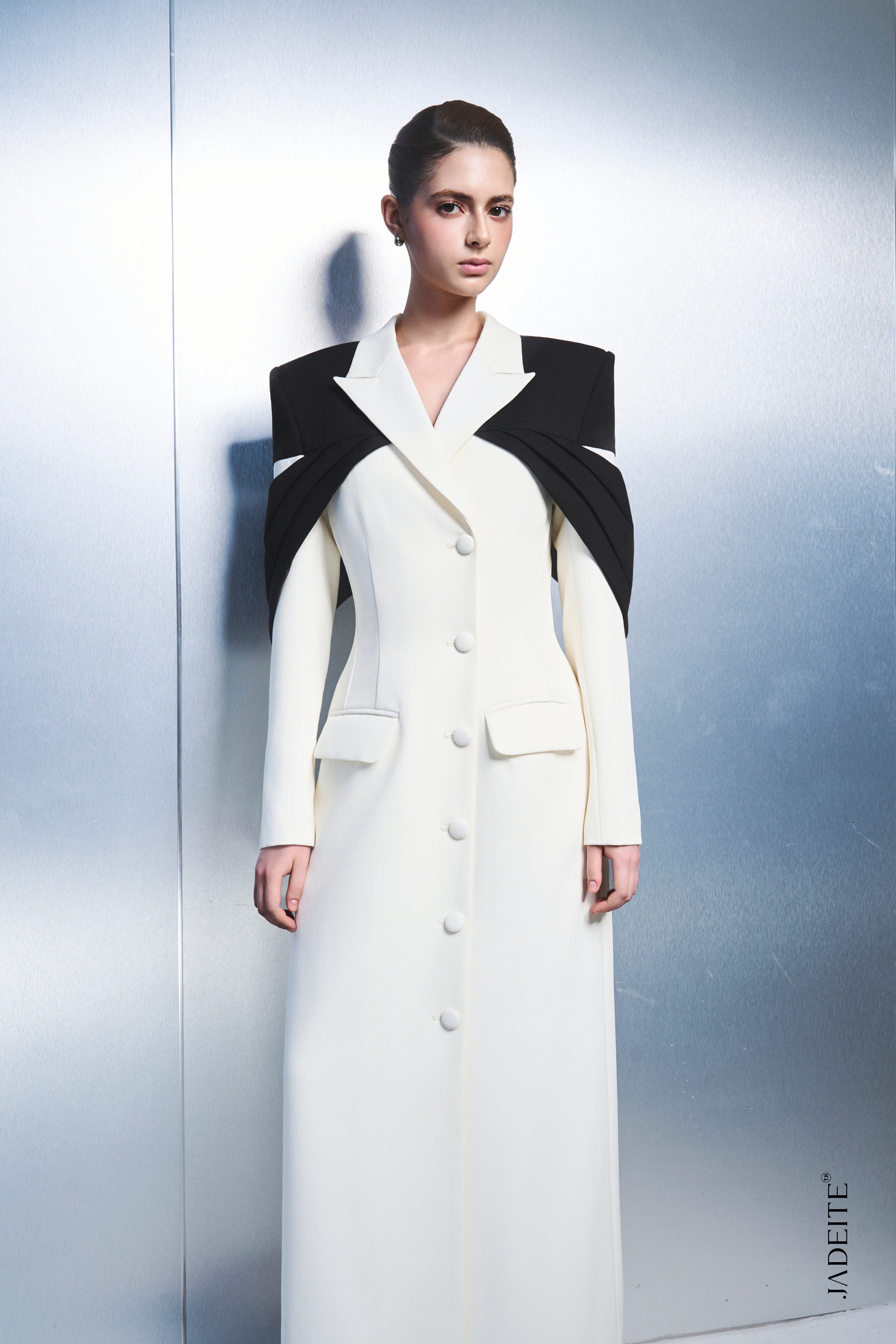 3. Elegant Long Blazer Dress with Statement Cape Detail