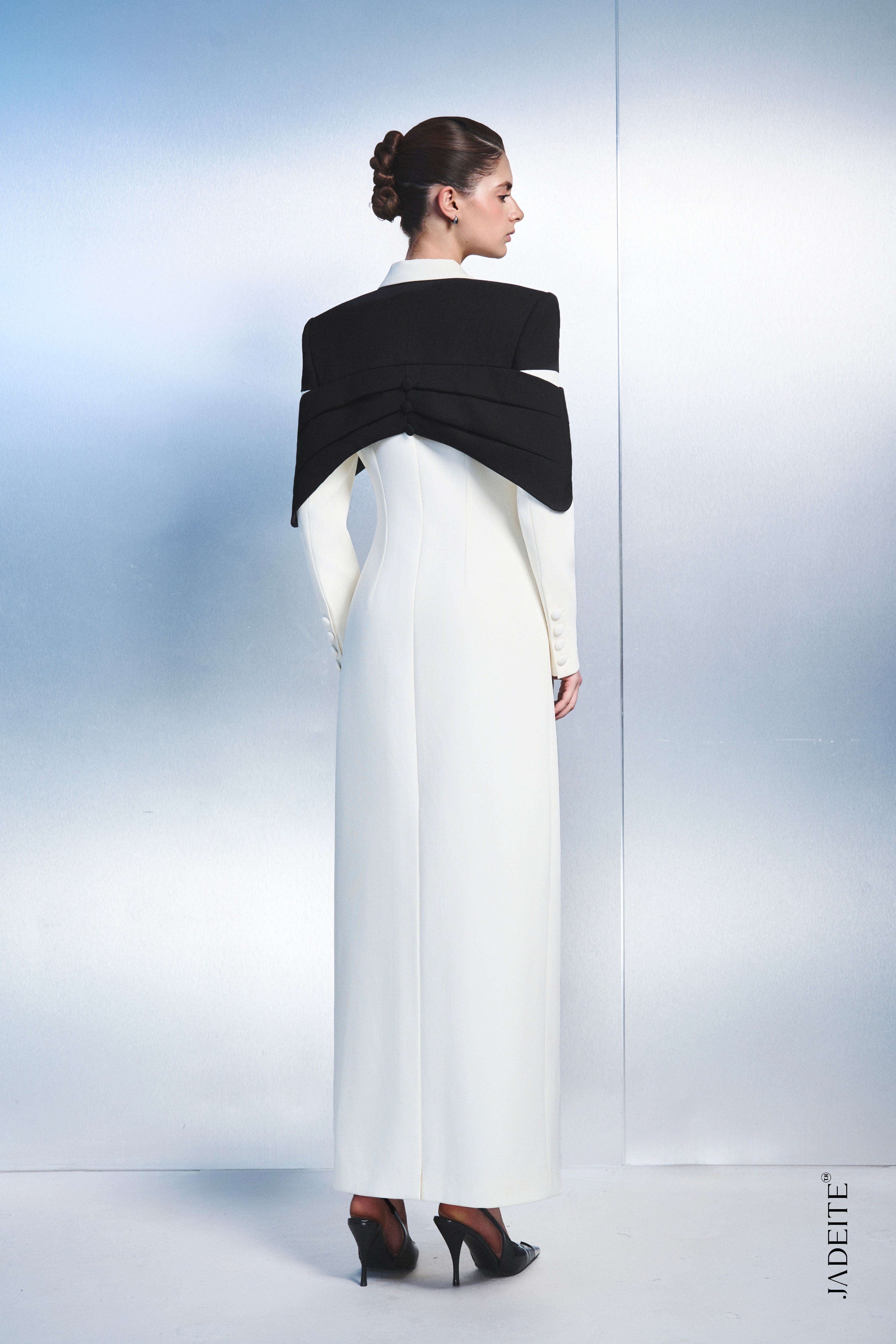 3. Elegant Long Blazer Dress with Statement Cape Detail