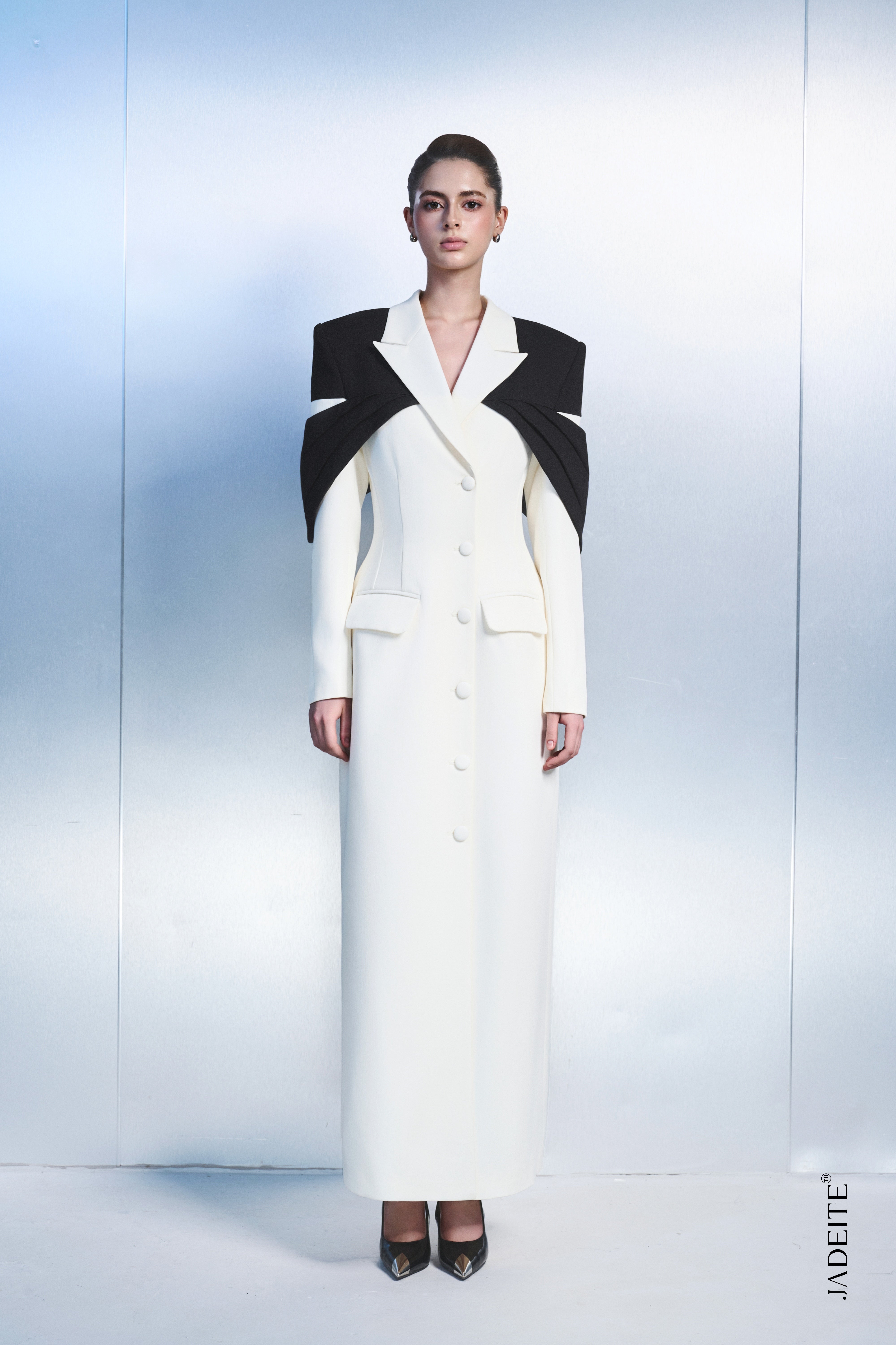 3. Elegant Long Blazer Dress with Statement Cape Detail