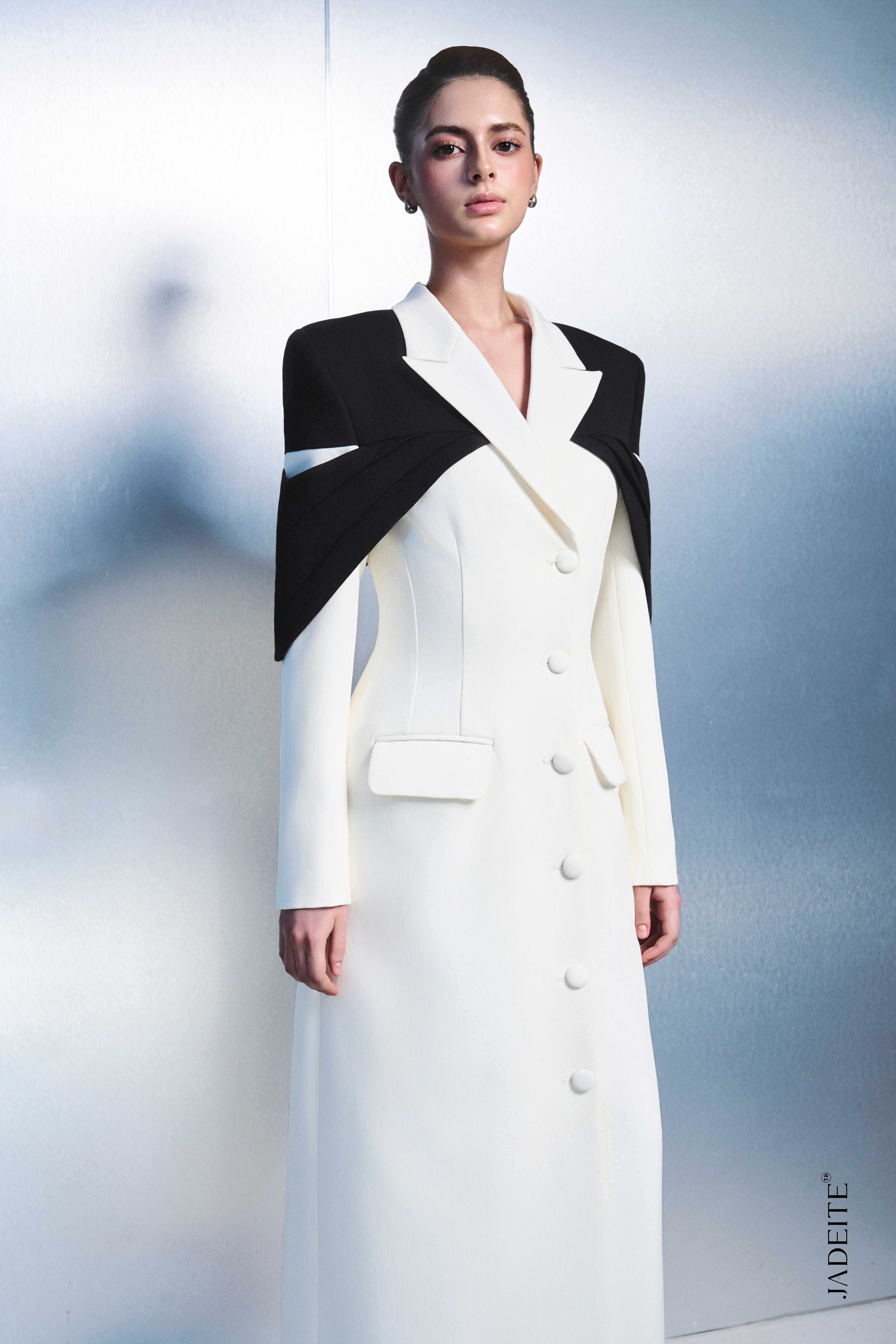 3. Elegant Long Blazer Dress with Statement Cape Detail