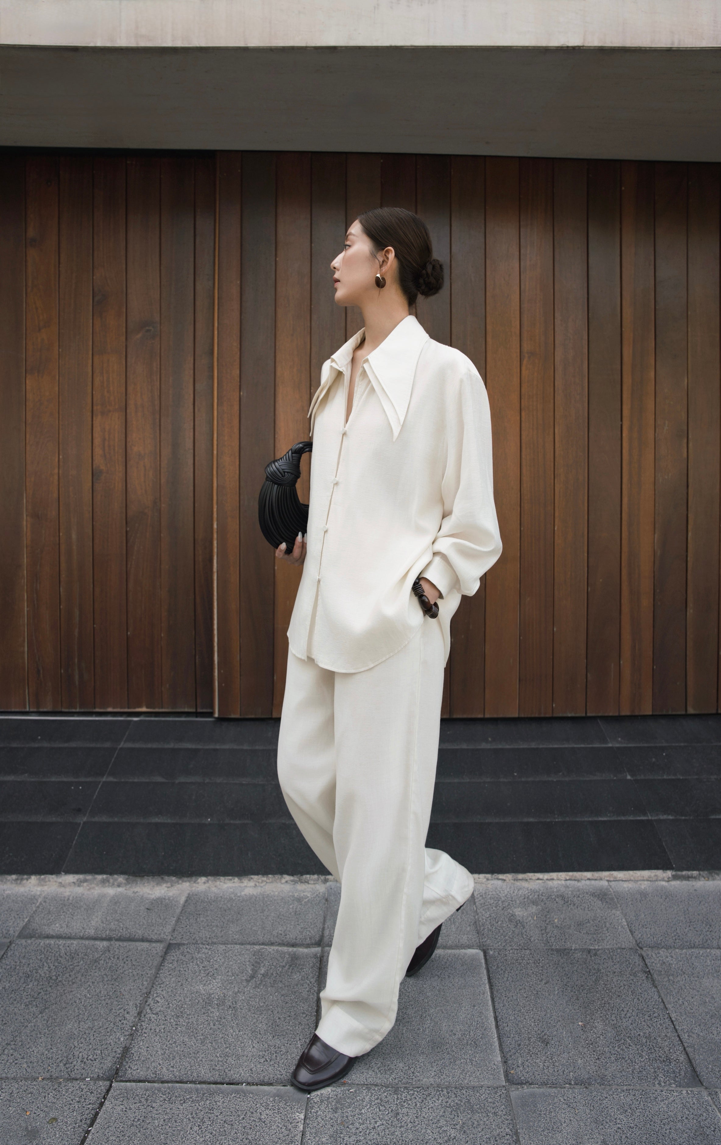 Double Collar Shirt x Linen Straight Trousers