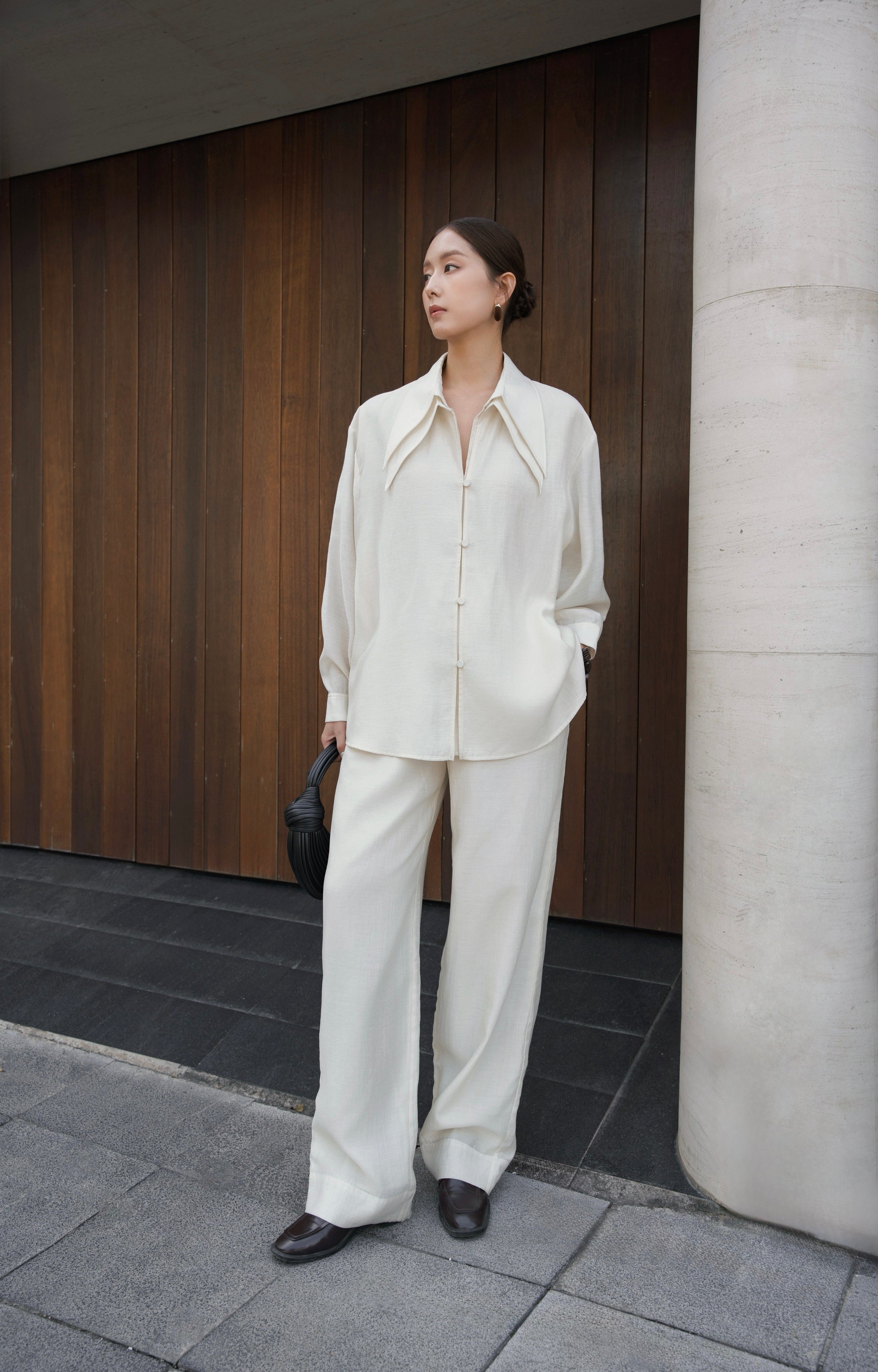 Double Collar Shirt x Linen Straight Trousers