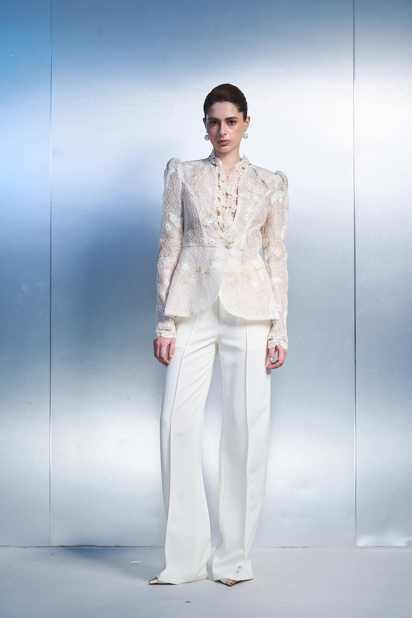 1. Women's White Lace Blazer – Elegant Long Sleeve Peplum Jacket