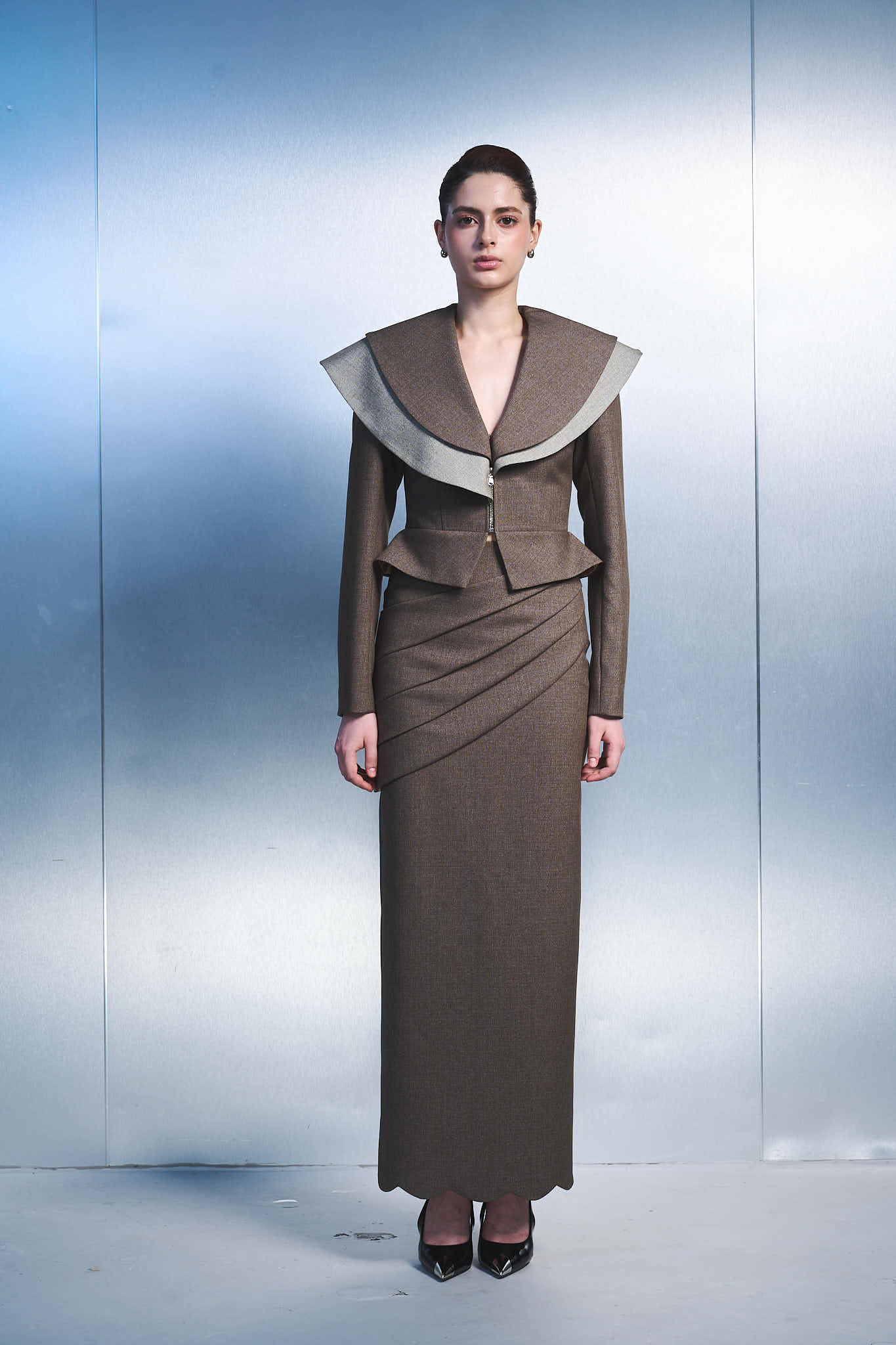 2. Elegant Peplum Jacket & Draped Maxi Skirt Set – Brown Women's Suit