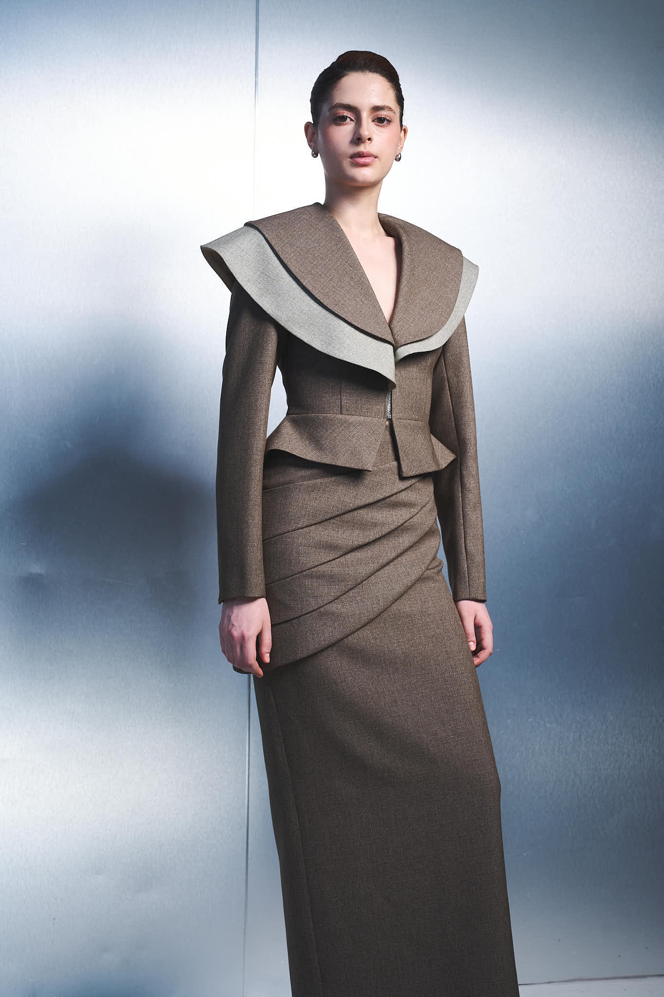 2. Elegant Peplum Jacket & Draped Maxi Skirt Set – Brown Women's Suit