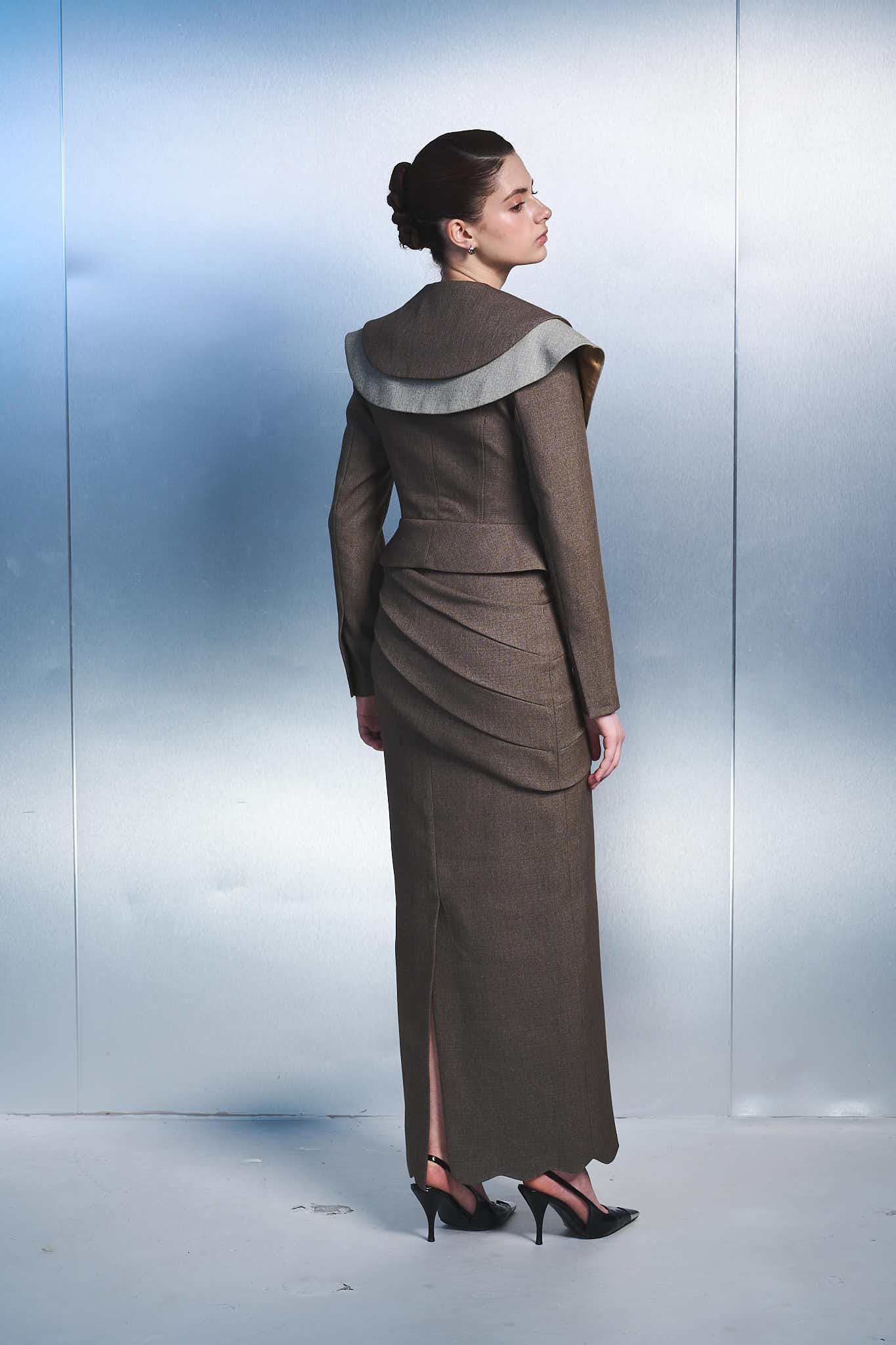 2. Elegant Peplum Jacket & Draped Maxi Skirt Set – Brown Women's Suit