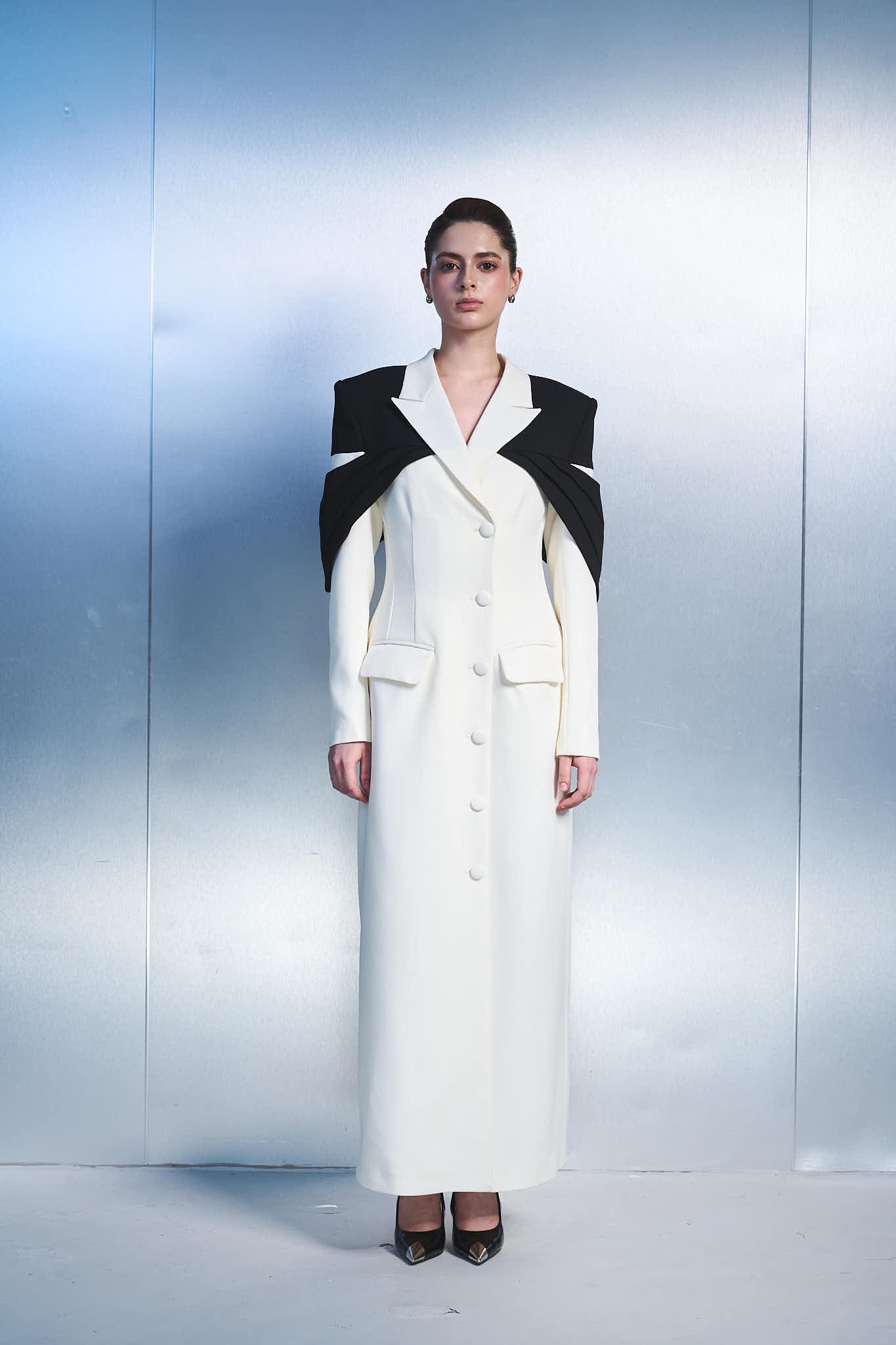 3. Elegant Long Blazer Dress with Statement Cape Detail