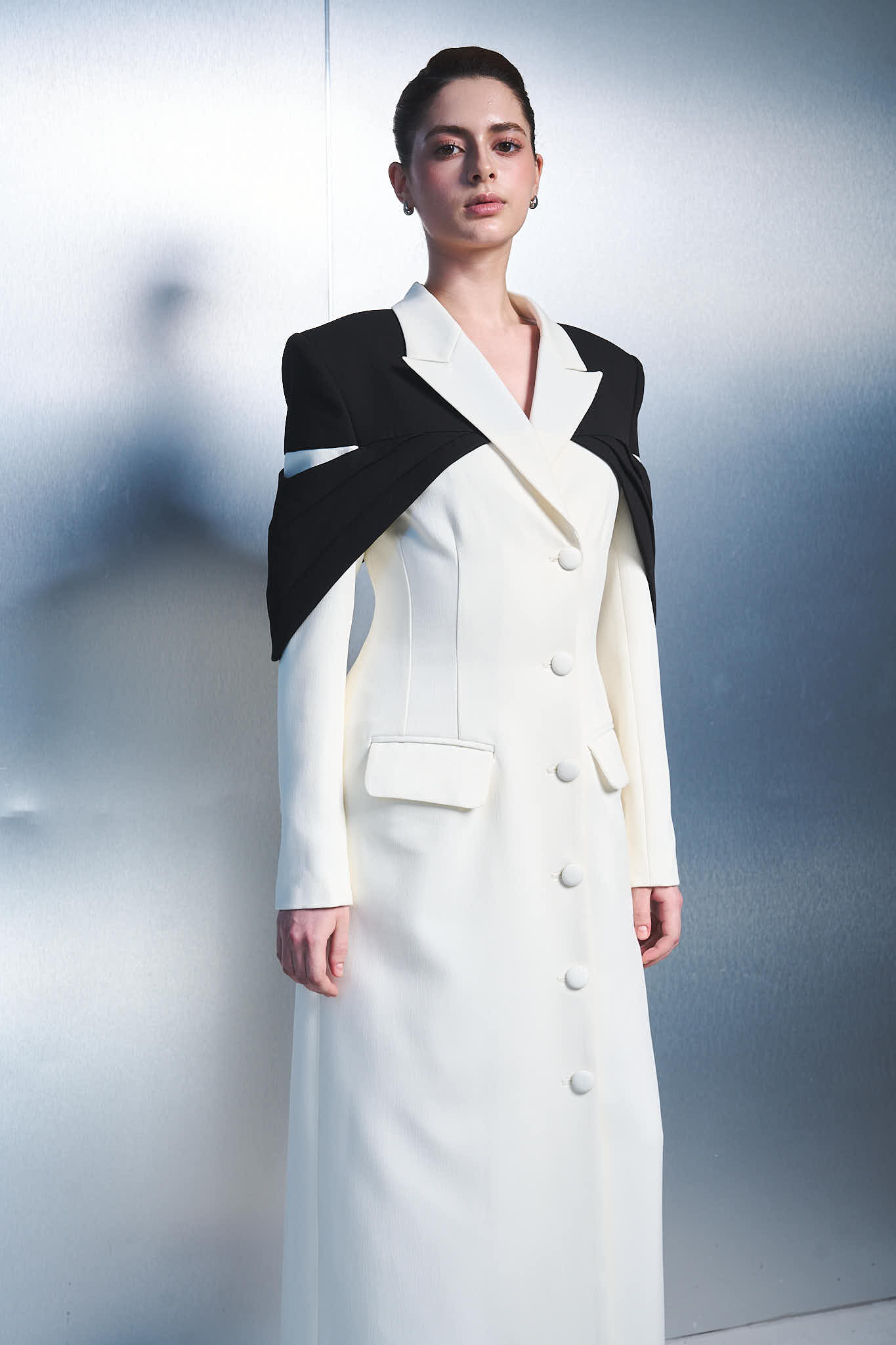 3. Elegant Long Blazer Dress with Statement Cape Detail