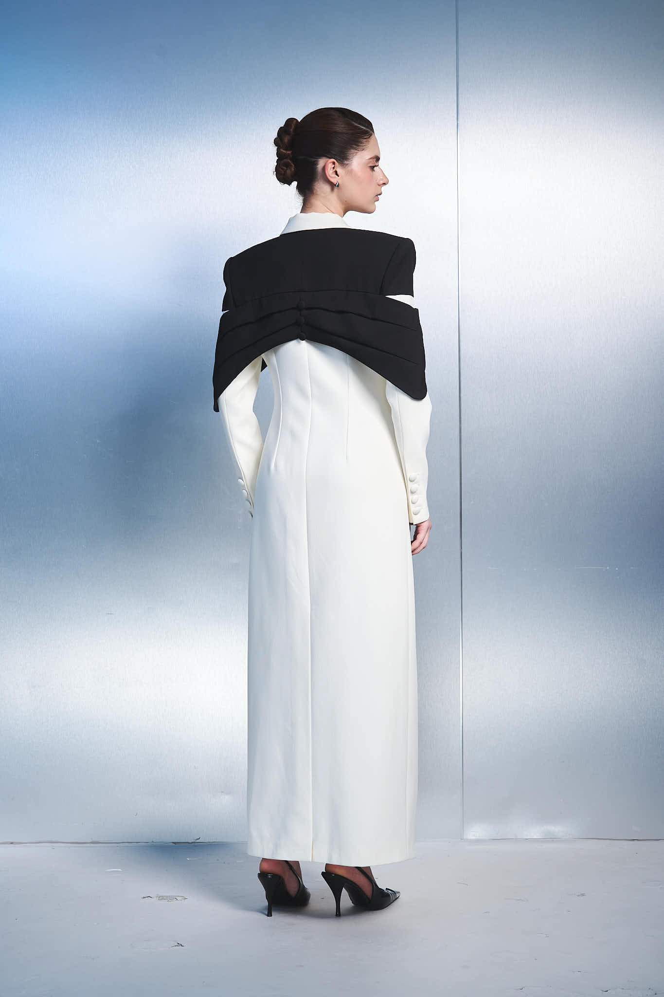 3. Elegant Long Blazer Dress with Statement Cape Detail