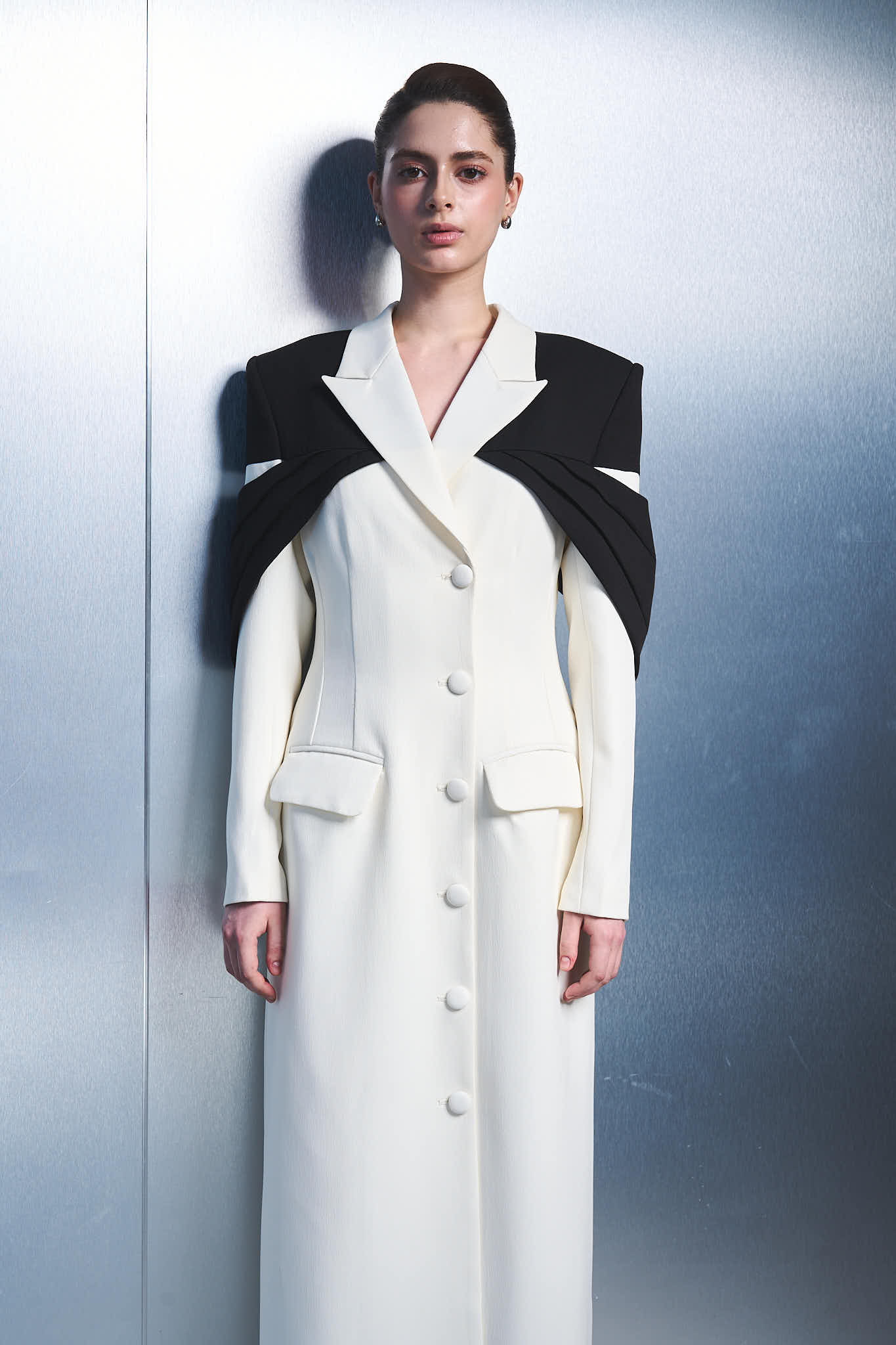 3. Elegant Long Blazer Dress with Statement Cape Detail