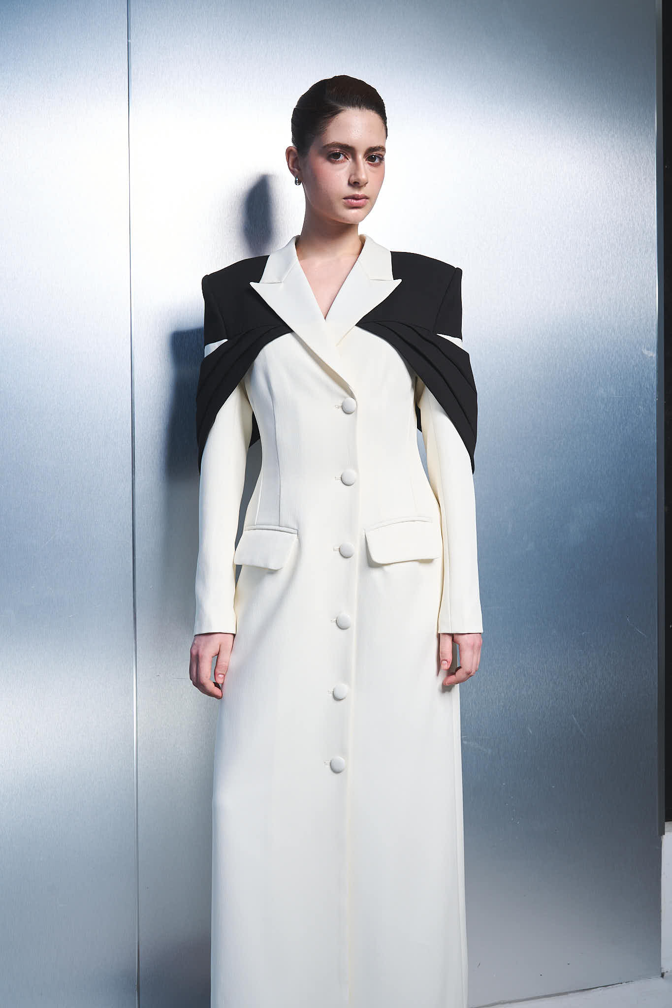 3. Elegant Long Blazer Dress with Statement Cape Detail