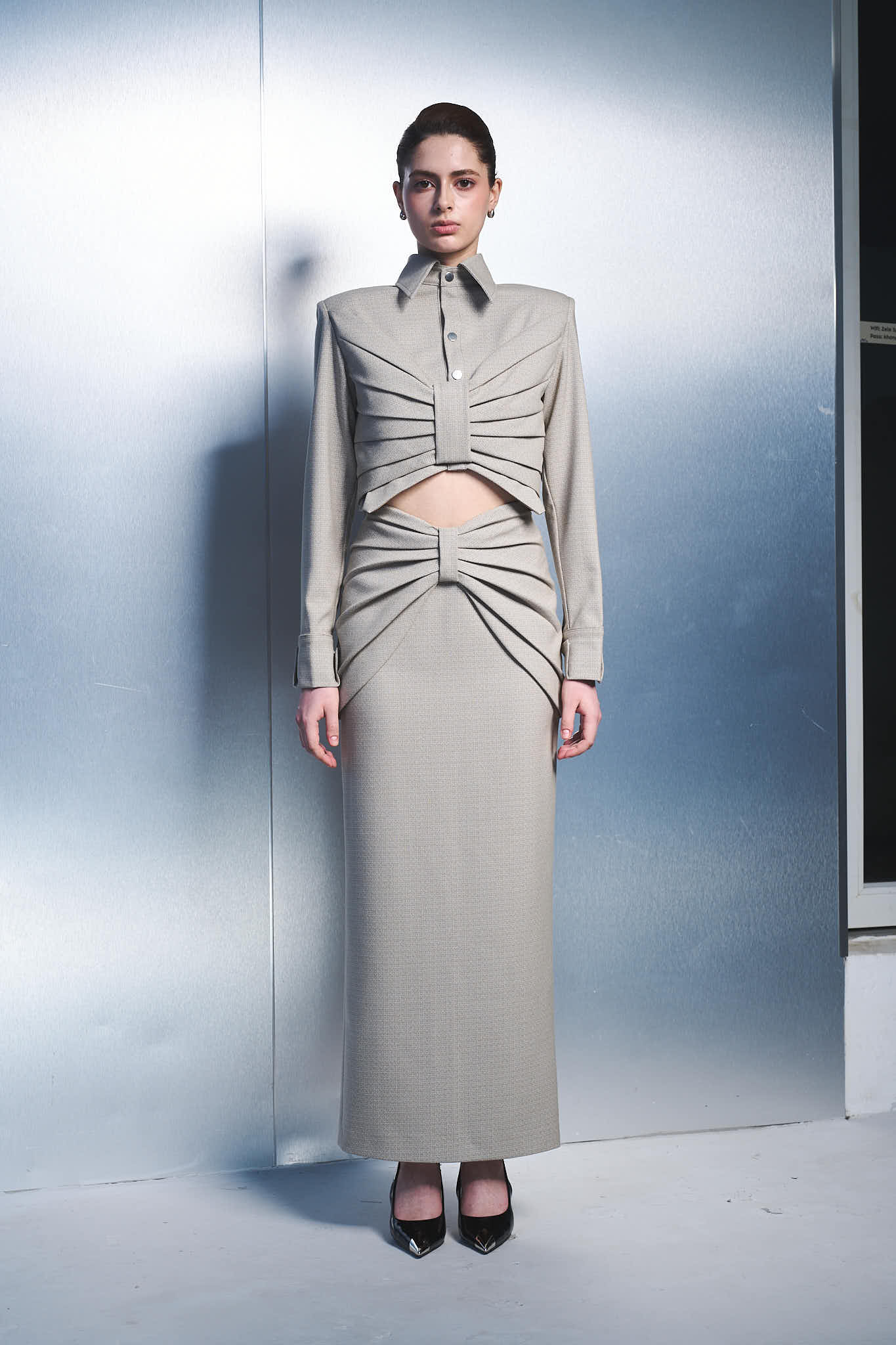 4. Architectural Pleated Crop Shirt & Maxi Skirt Set – Stone Beige