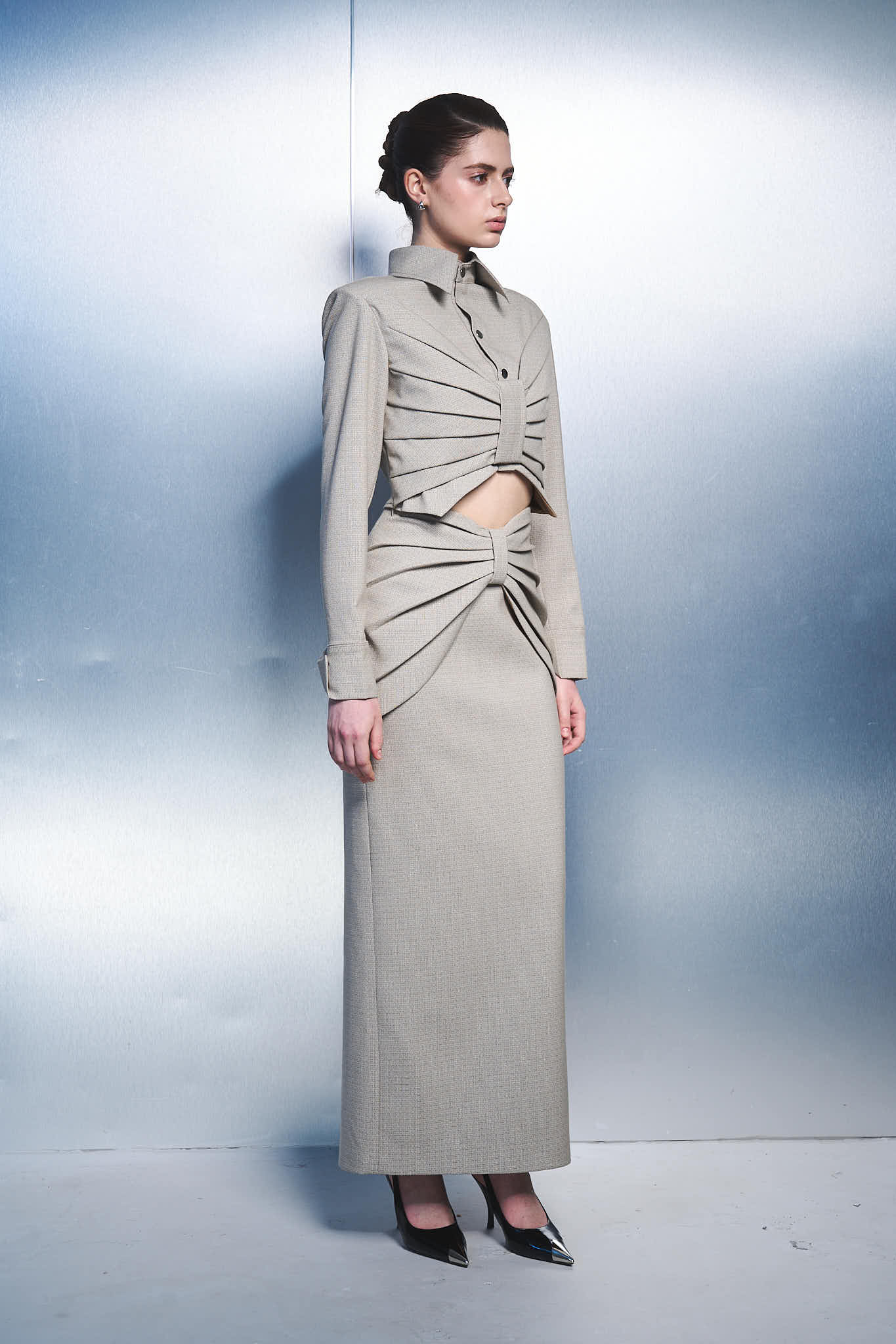 4. Architectural Pleated Crop Shirt & Maxi Skirt Set – Stone Beige