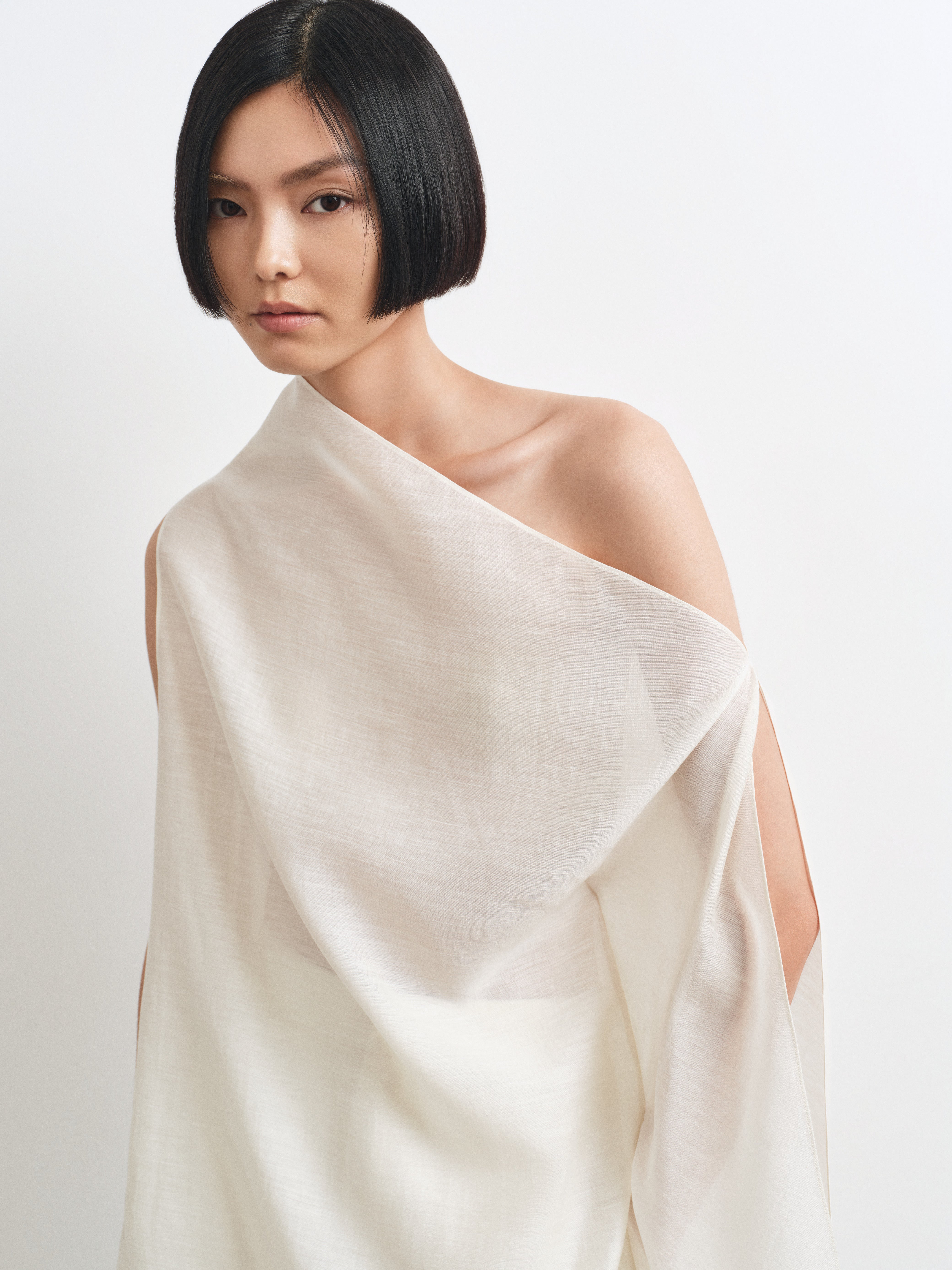 Sheer Top & Barrel Trousers Set – Modern Elegance in Silk & Twill