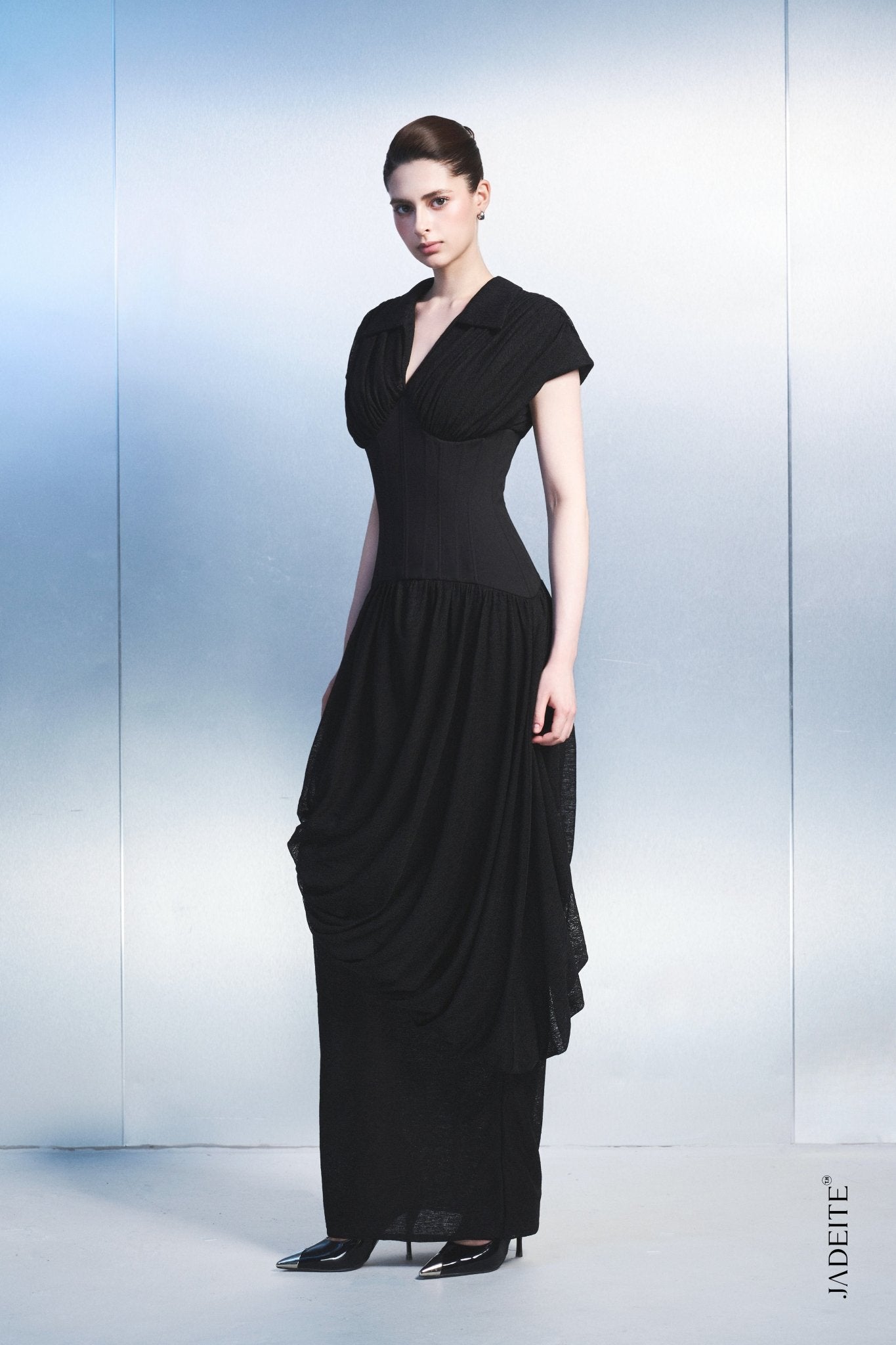 Black Draped Maxi Dress – Women's Formal Evening Gown - Jadeiteth