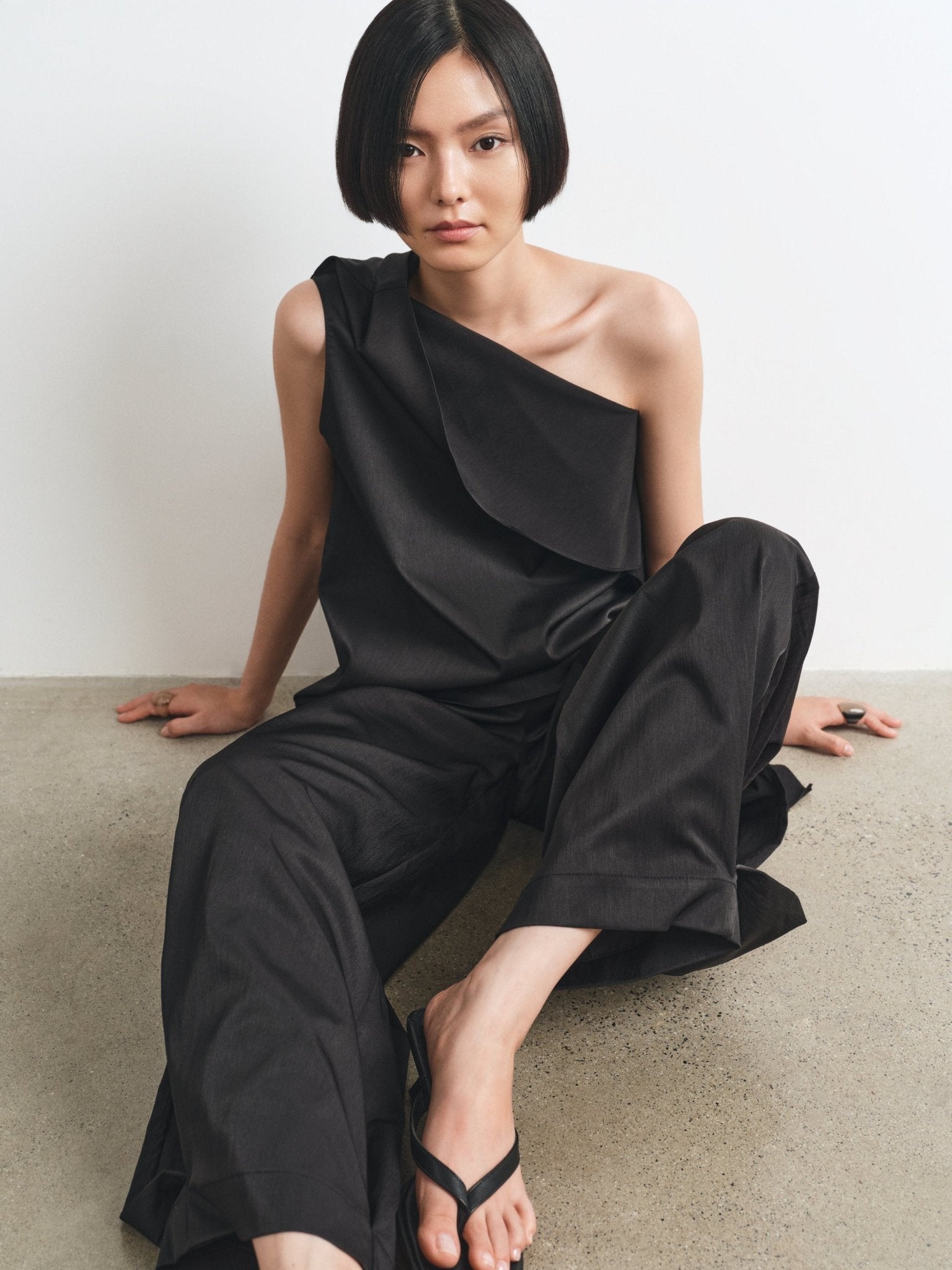 Cascade Top & Splited Trousers Set – Modern Asymmetrical Elegance - Jadeiteth