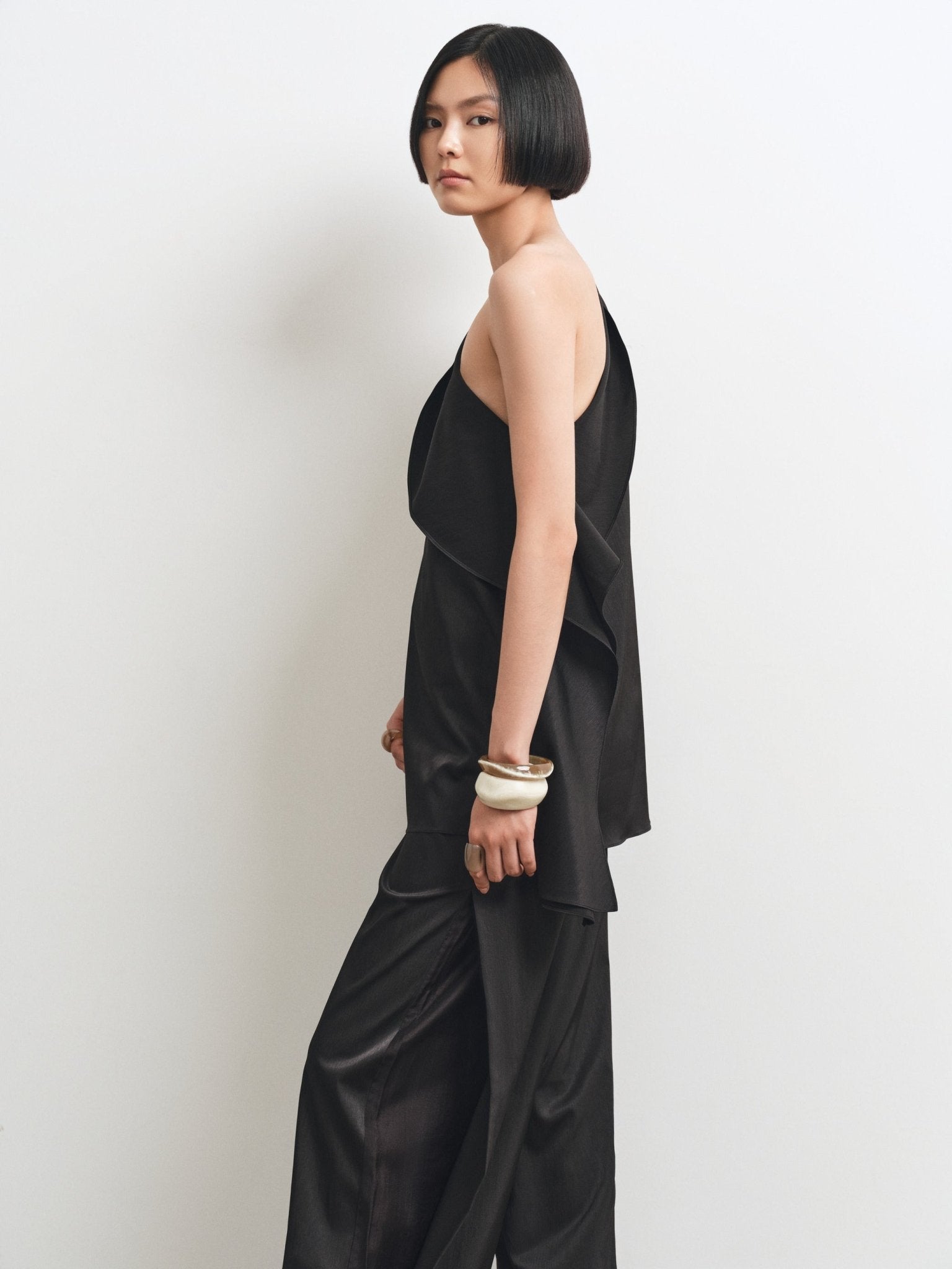 Cascade Top & Splited Trousers Set – Modern Asymmetrical Elegance - Jadeiteth