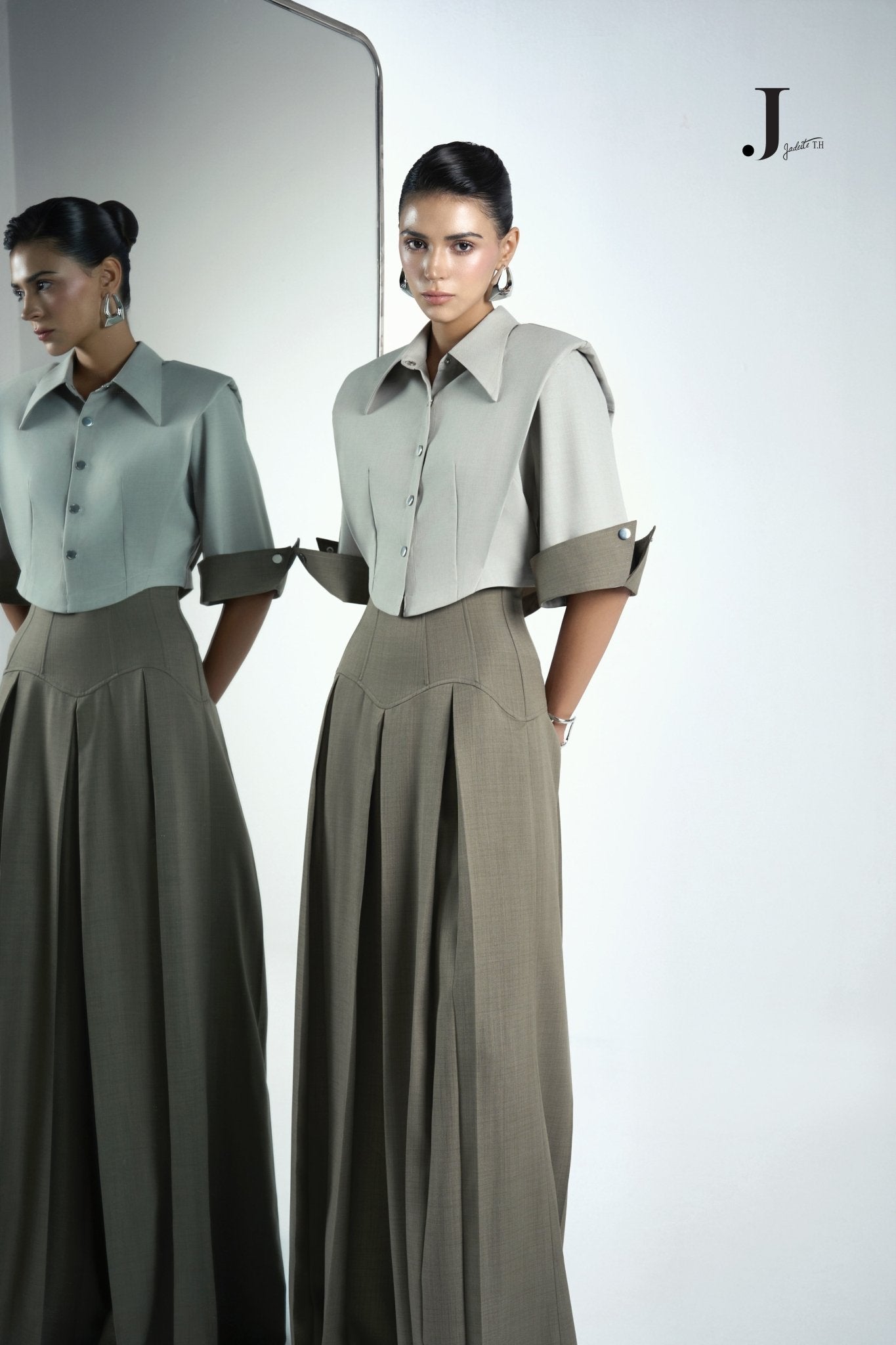 Front & Back Ivory Crop-Shirt & Van Ash Grey Pants - Jadeiteth