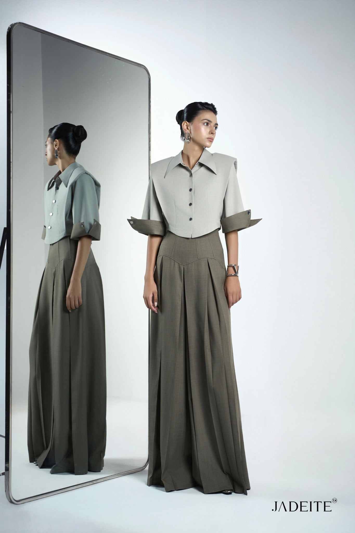 Front & Back Ivory Crop-Shirt & Van Ash Grey Pants - Jadeiteth