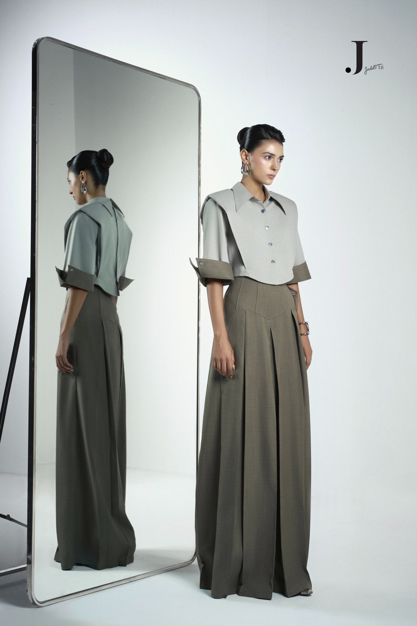 Front & Back Ivory Crop-Shirt & Van Ash Grey Pants - Jadeiteth