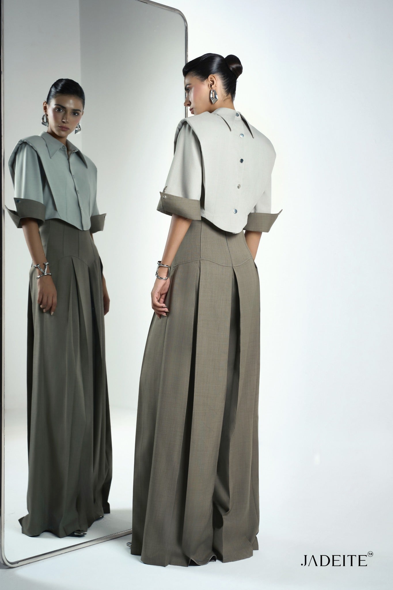 Front & Back Ivory Crop-Shirt & Van Ash Grey Pants - Jadeiteth