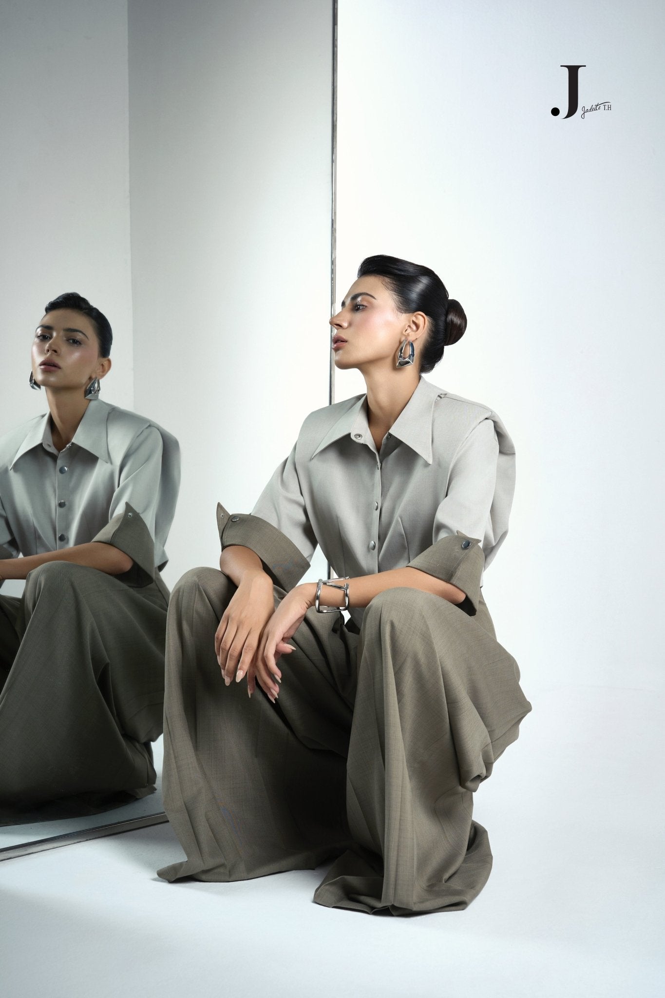 Front & Back Ivory Crop-Shirt & Van Ash Grey Pants - Jadeiteth