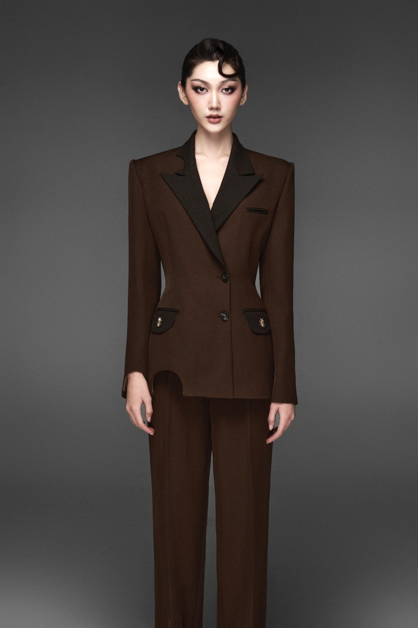 Moonlight Dark Coffee Vest & Linear-moon Flow Trousers - Jadeiteth