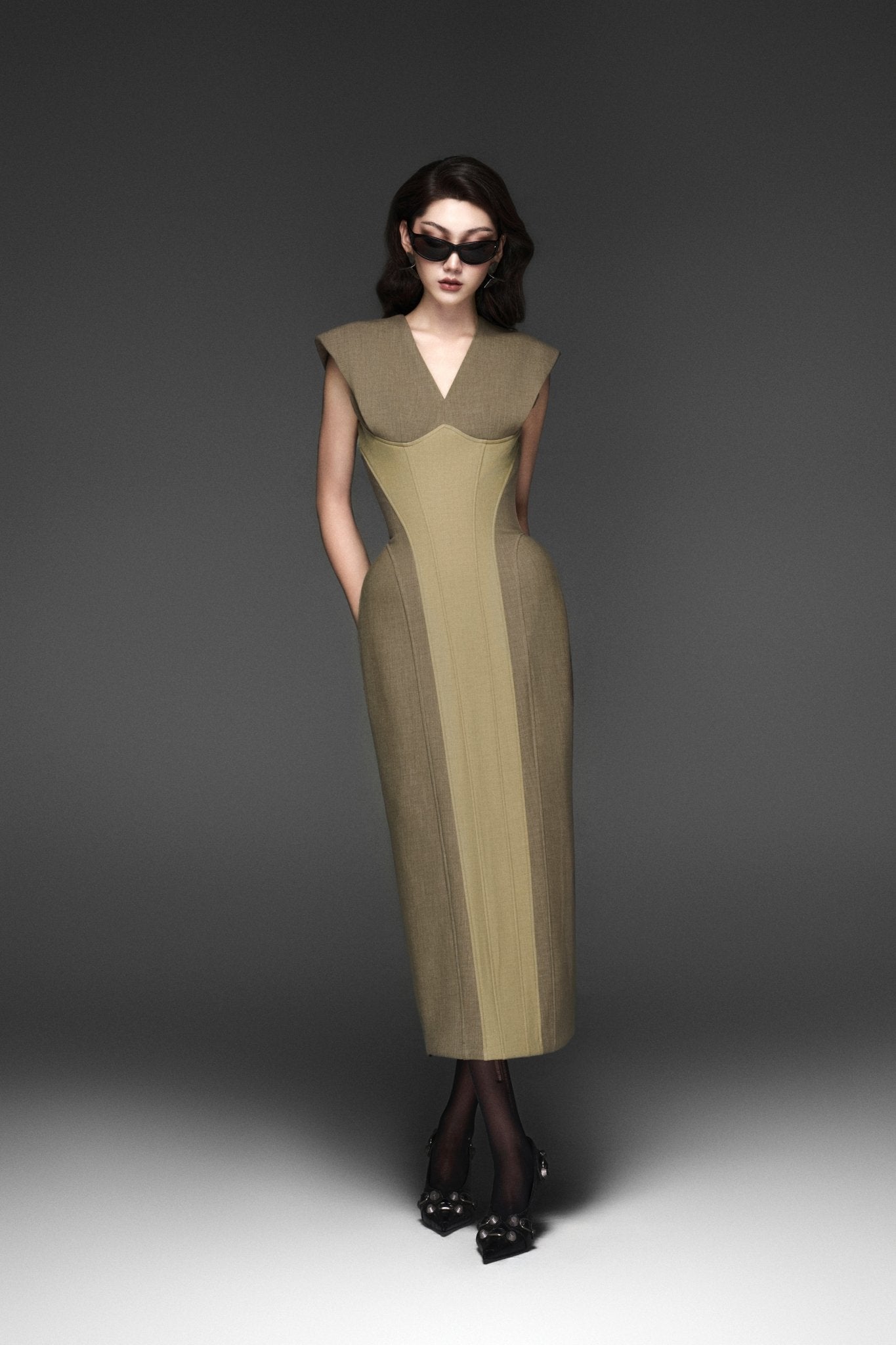 Olive Mixed Corset Midi Dress - Jadeiteth