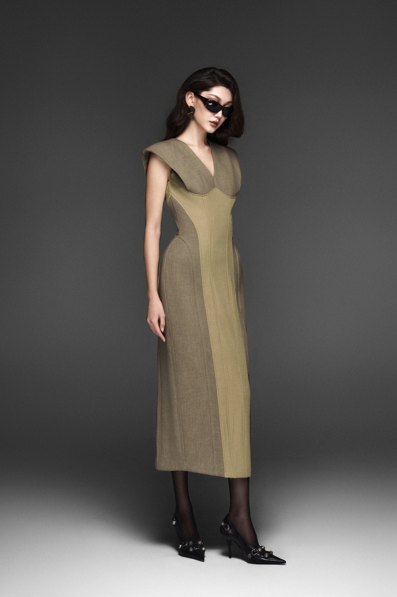 Olive Mixed Corset Midi Dress - Jadeiteth