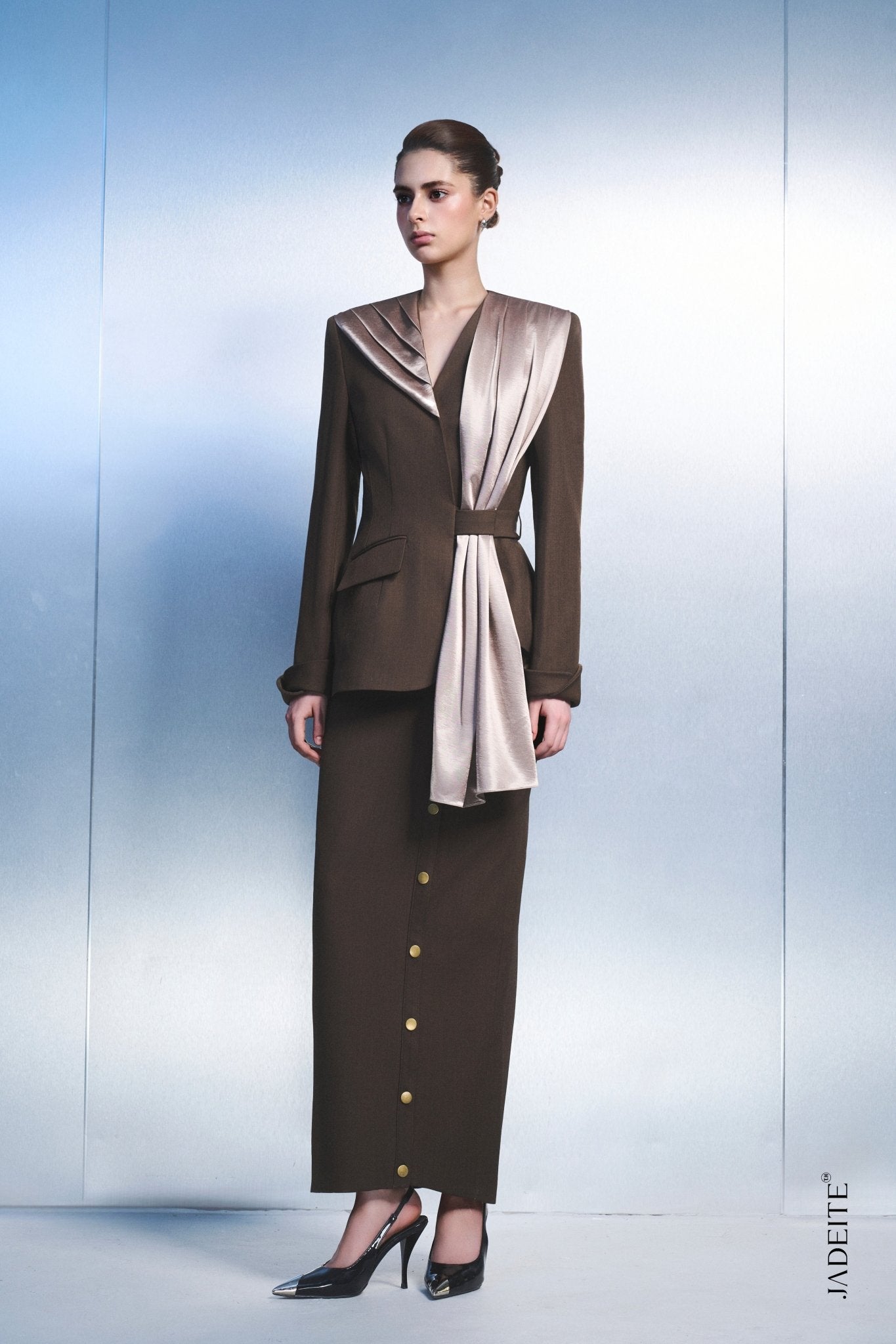 Satin Draped Vest × Button Maxi Skirt - Jadeiteth