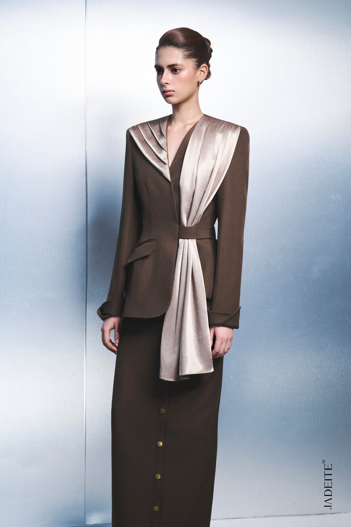 Satin Draped Vest × Button Maxi Skirt - Jadeiteth
