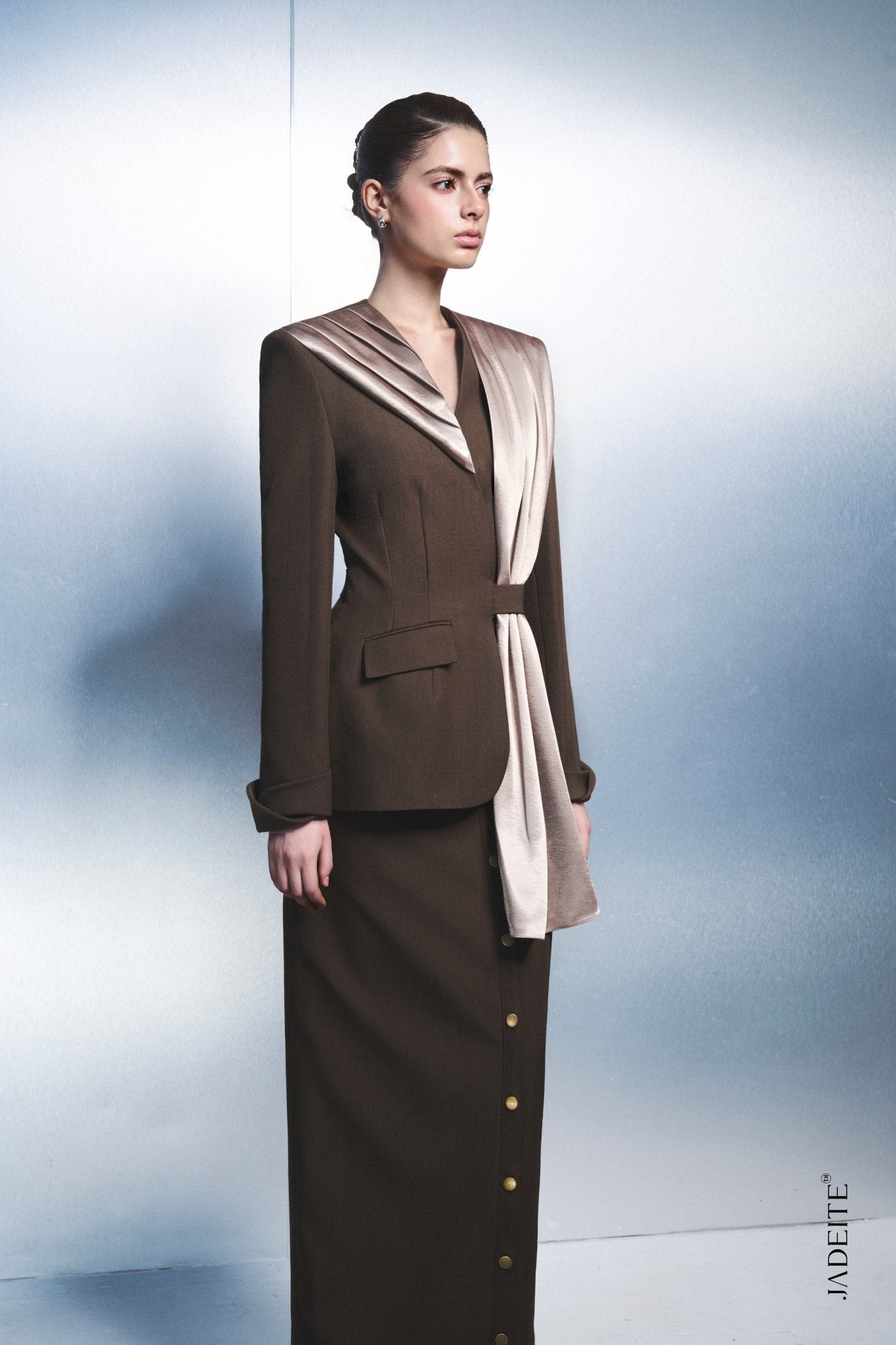 Satin Draped Vest × Button Maxi Skirt - Jadeiteth