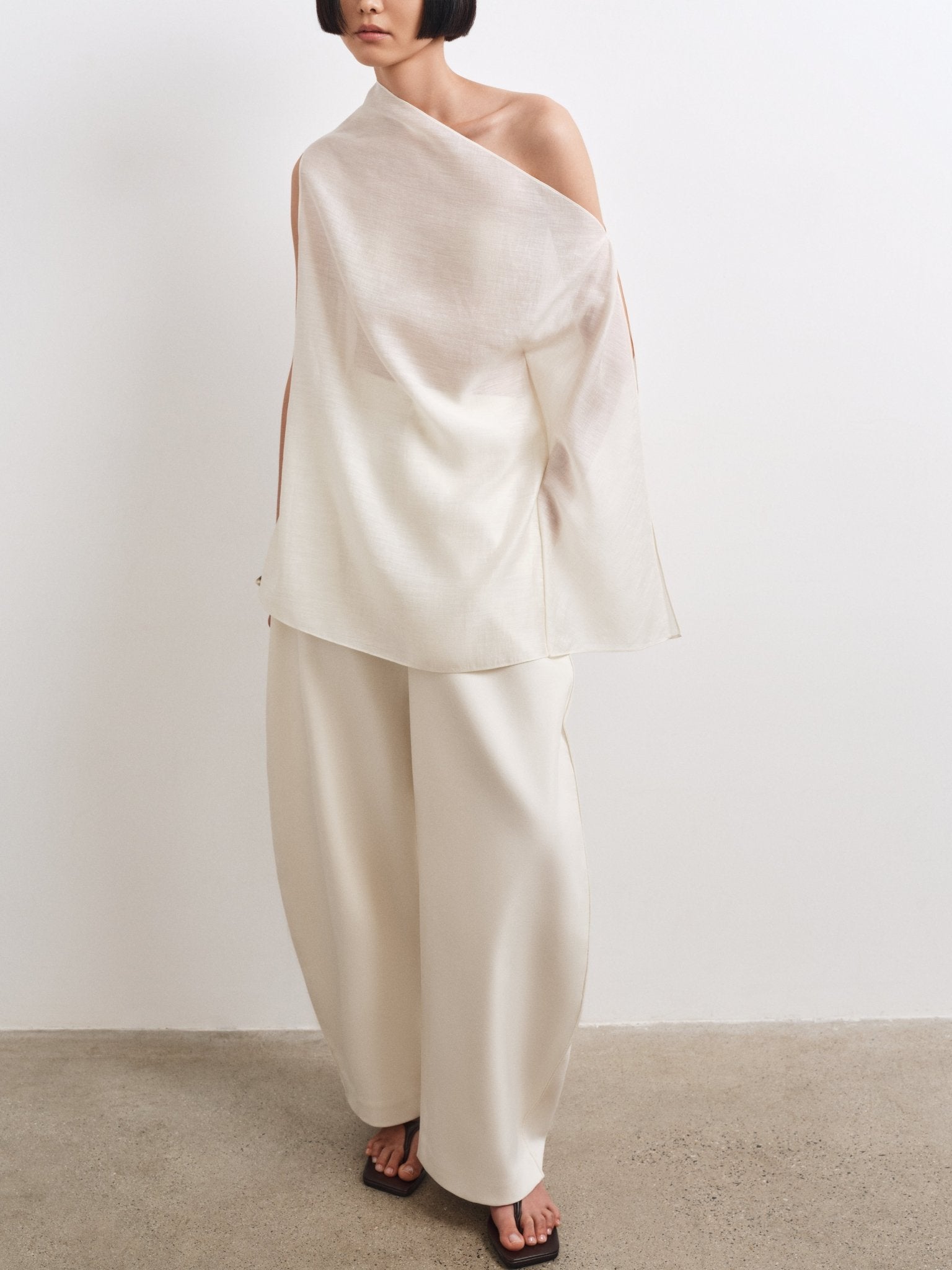 Sheer Top & Barrel Trousers Set – Modern Elegance in Silk & Twill - Jadeiteth