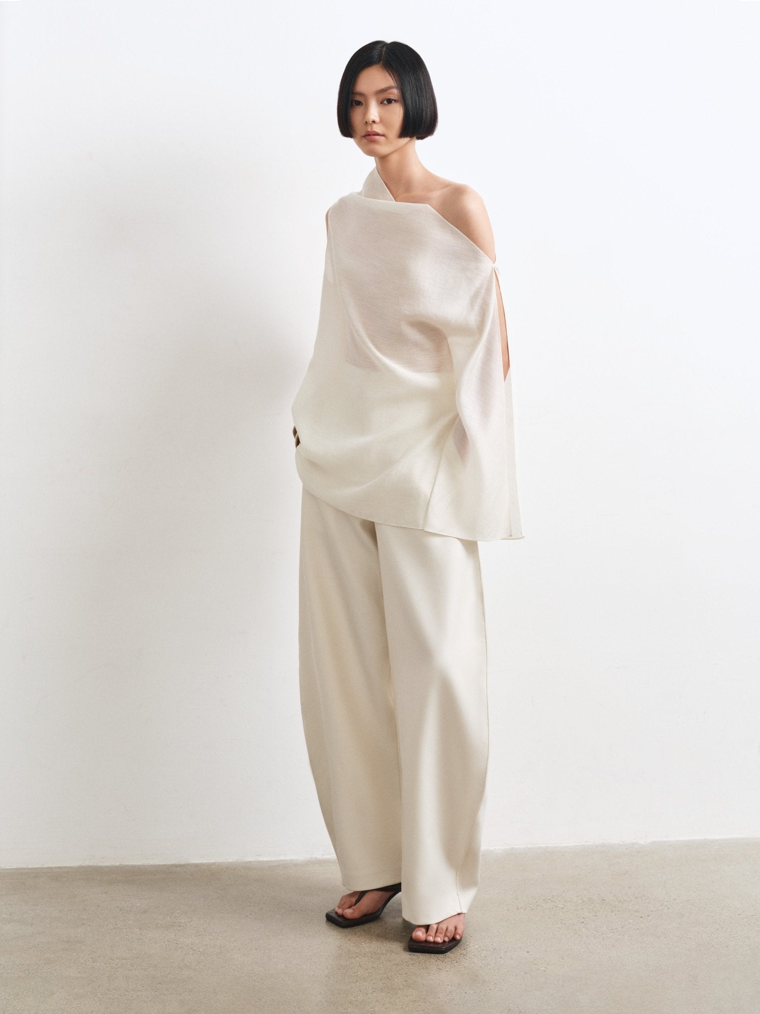 Sheer Top & Barrel Trousers Set – Modern Elegance in Silk & Twill - Jadeiteth