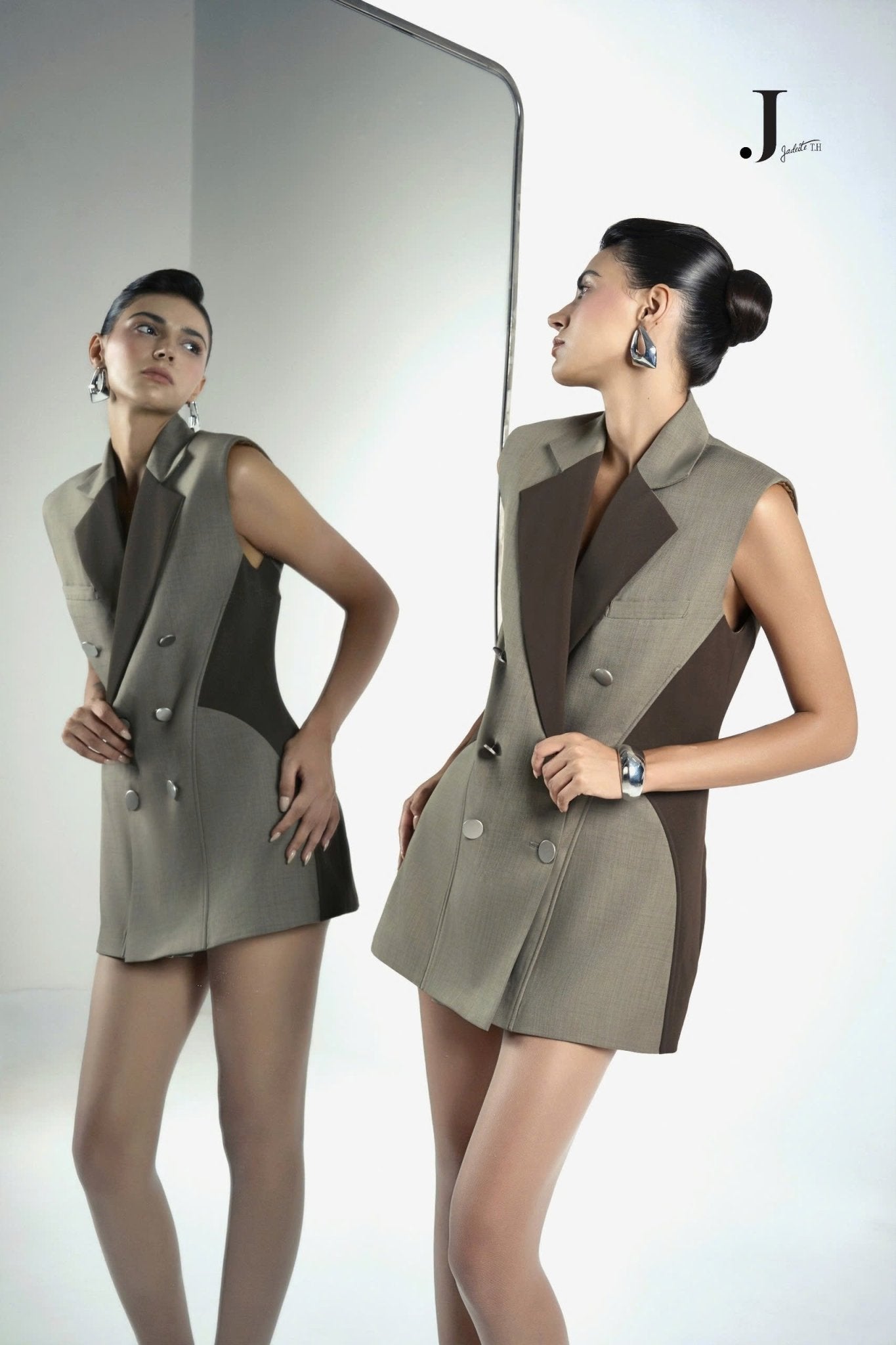 Slim Ash Grey Blazer Gilet & Ash Grey Short-skirt - Jadeiteth
