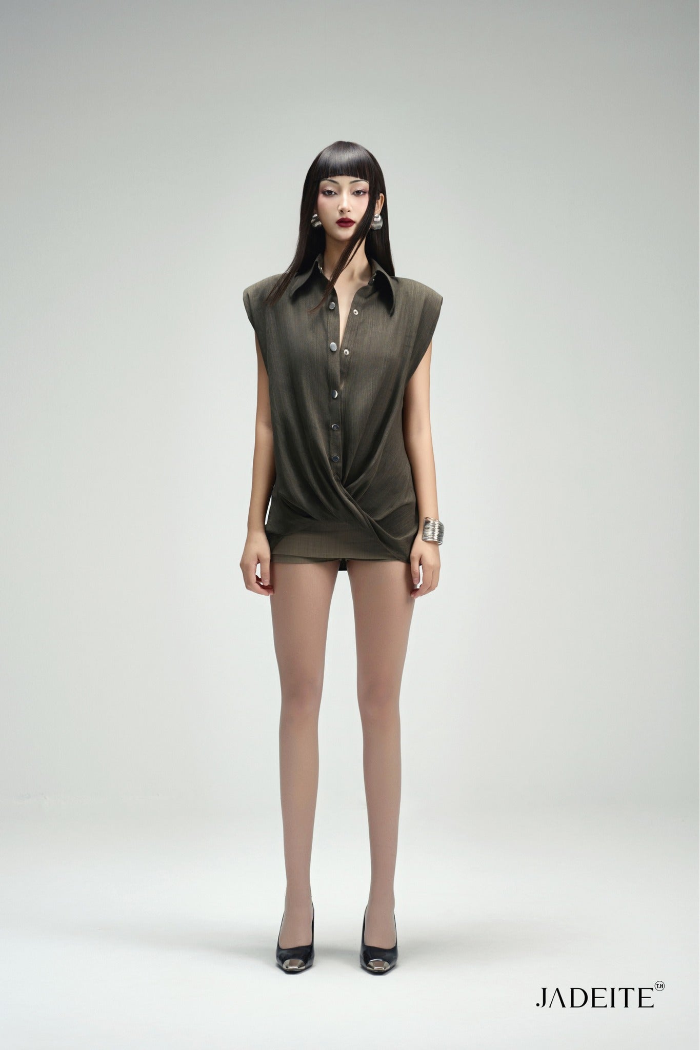 Twist Moss Green Shirt & Ash Grey Short-skirt - Jadeiteth