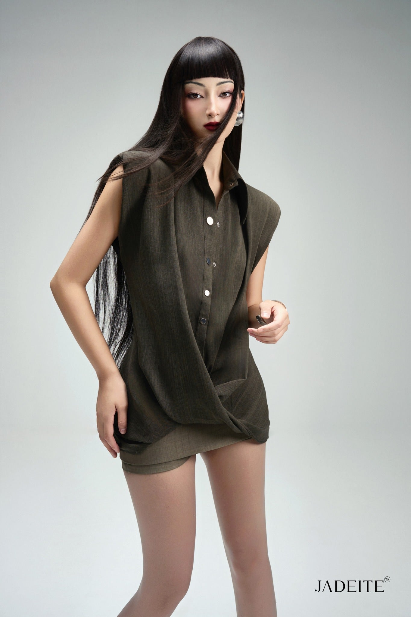 Twist Moss Green Shirt & Ash Grey Short-skirt - Jadeiteth
